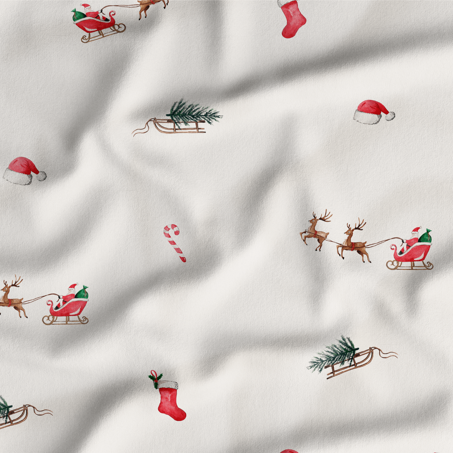 Close up of the print on the Christmas Eve Pyjamas with Santa and reindeer print made from bamboo and organic cotton from GrowGrows