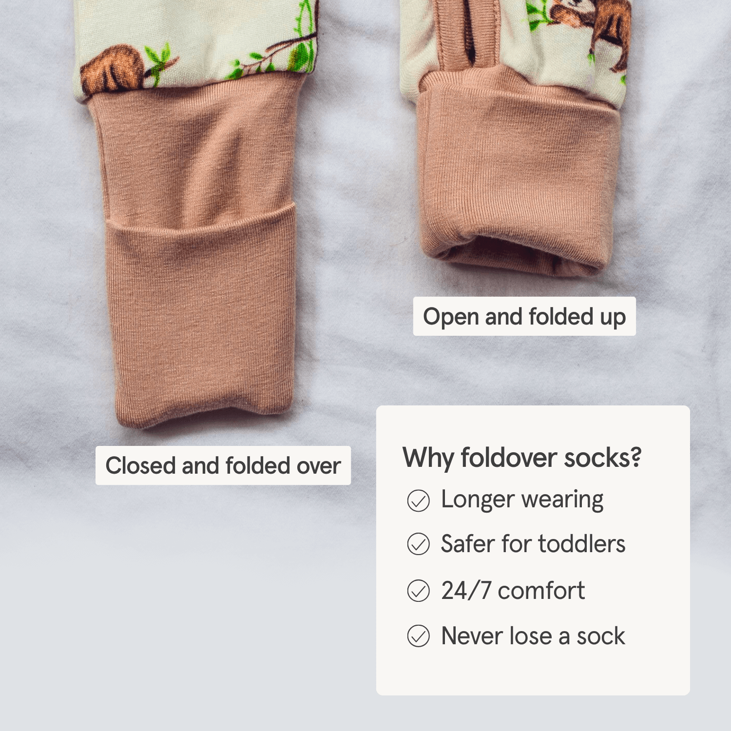 Close-up on the foldover socks and mittens on the GrowGrows Baby Sleepsuits