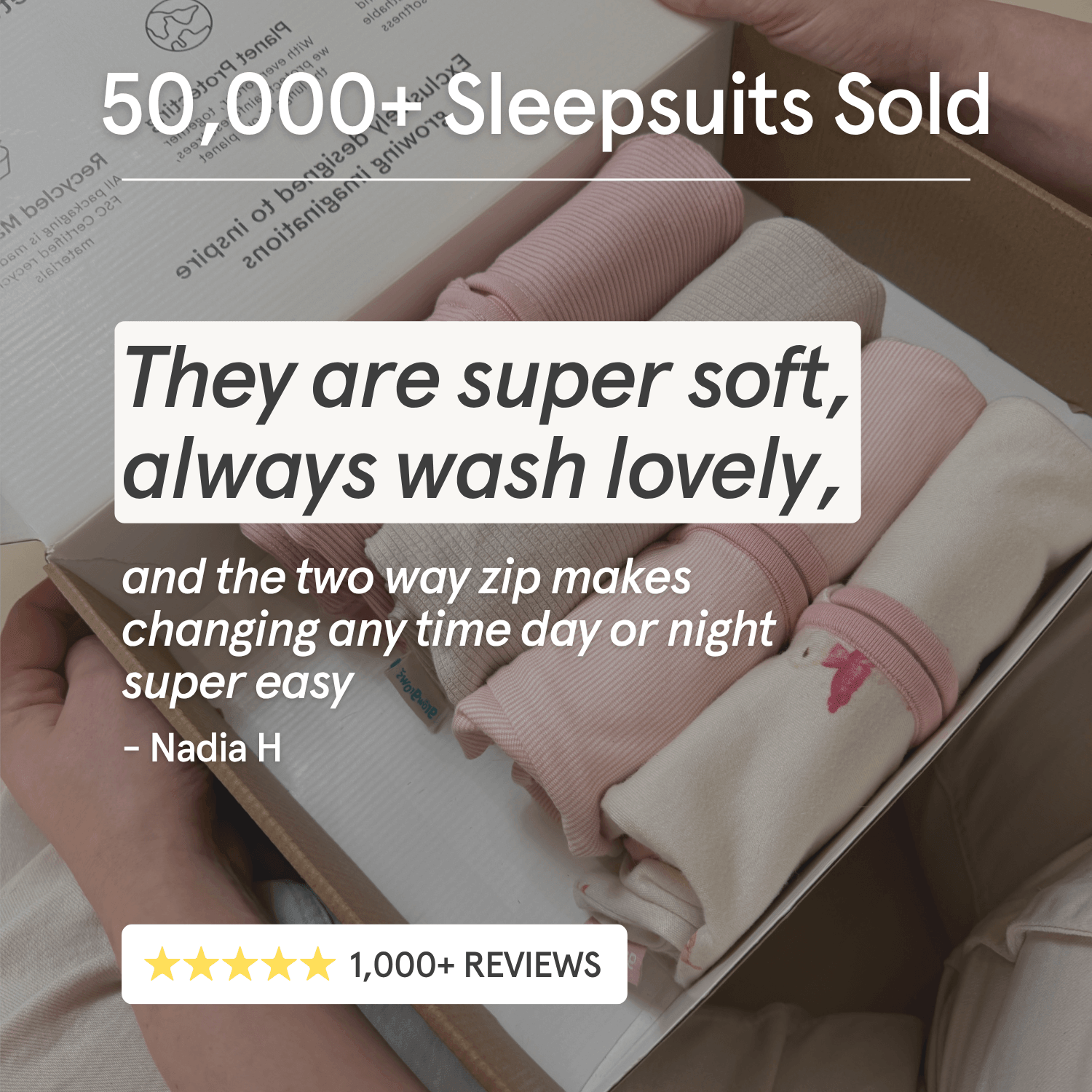 Folded pink and beige sleepsuits from GrowGrows in a box with customer review text overlay.
