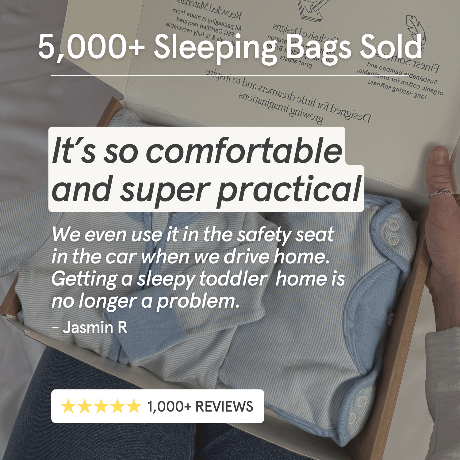 Person holding a box with GrowGrows baby sleepsuits, including a sleeping bag, with text highlighting customer satisfaction.