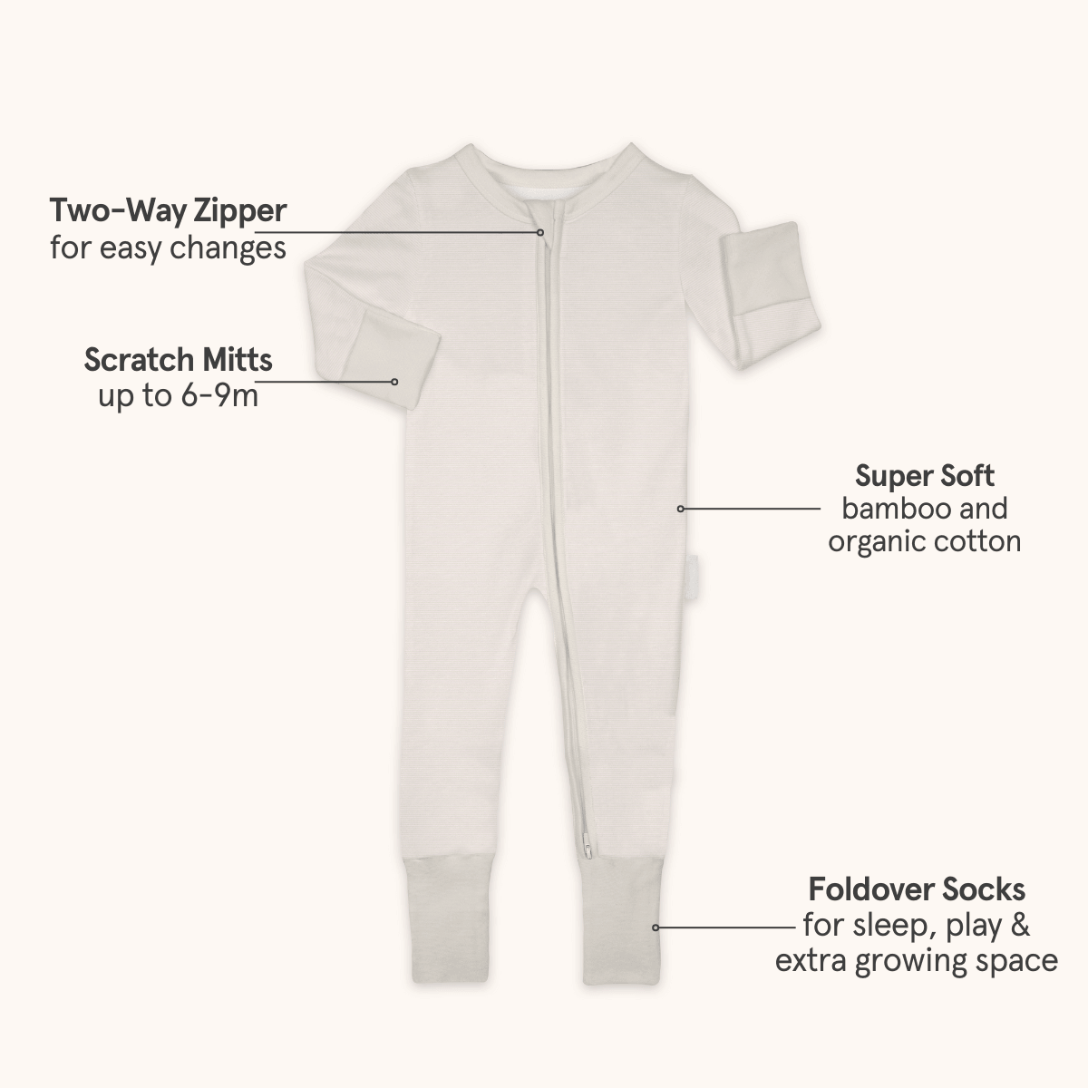 Cashmere Pinstripe Sleepsuit with classic stripe design made from bamboo and organic cotton from GrowGrows with key features highlighted