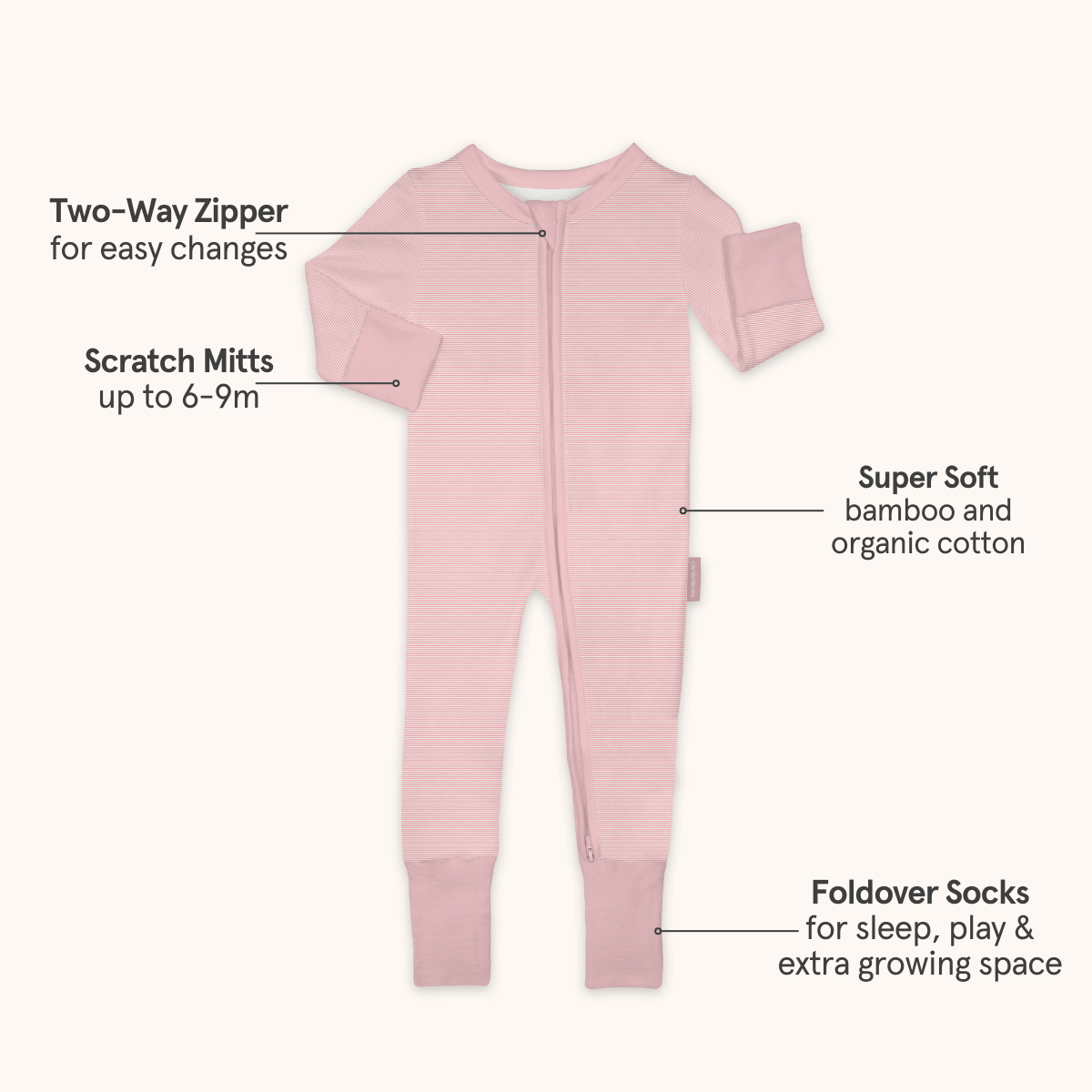 Pink Pinstripe Sleepsuit with classic pink stripe design made from bamboo and organic cotton from GrowGrows ith key features highlighted