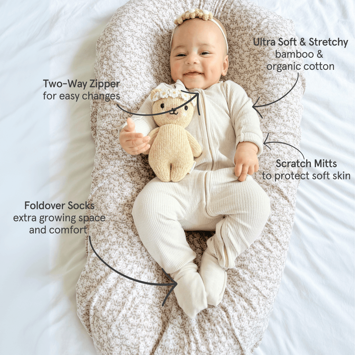 Baby wearing the Cashmere Ribbed Sleepsuit made from bamboo and organic cotton from GrowGrows with key features highlighted