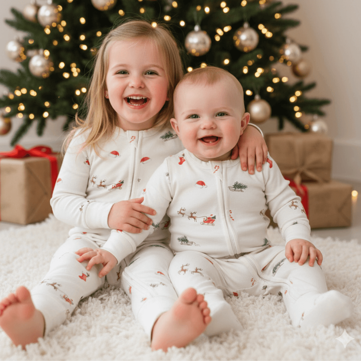 Two children in matching Christmas Eve Sleepsuit with Santa and reindeer print from GrowGrows sitting on a carpeted floor with a decorated Christmas tree in the background.