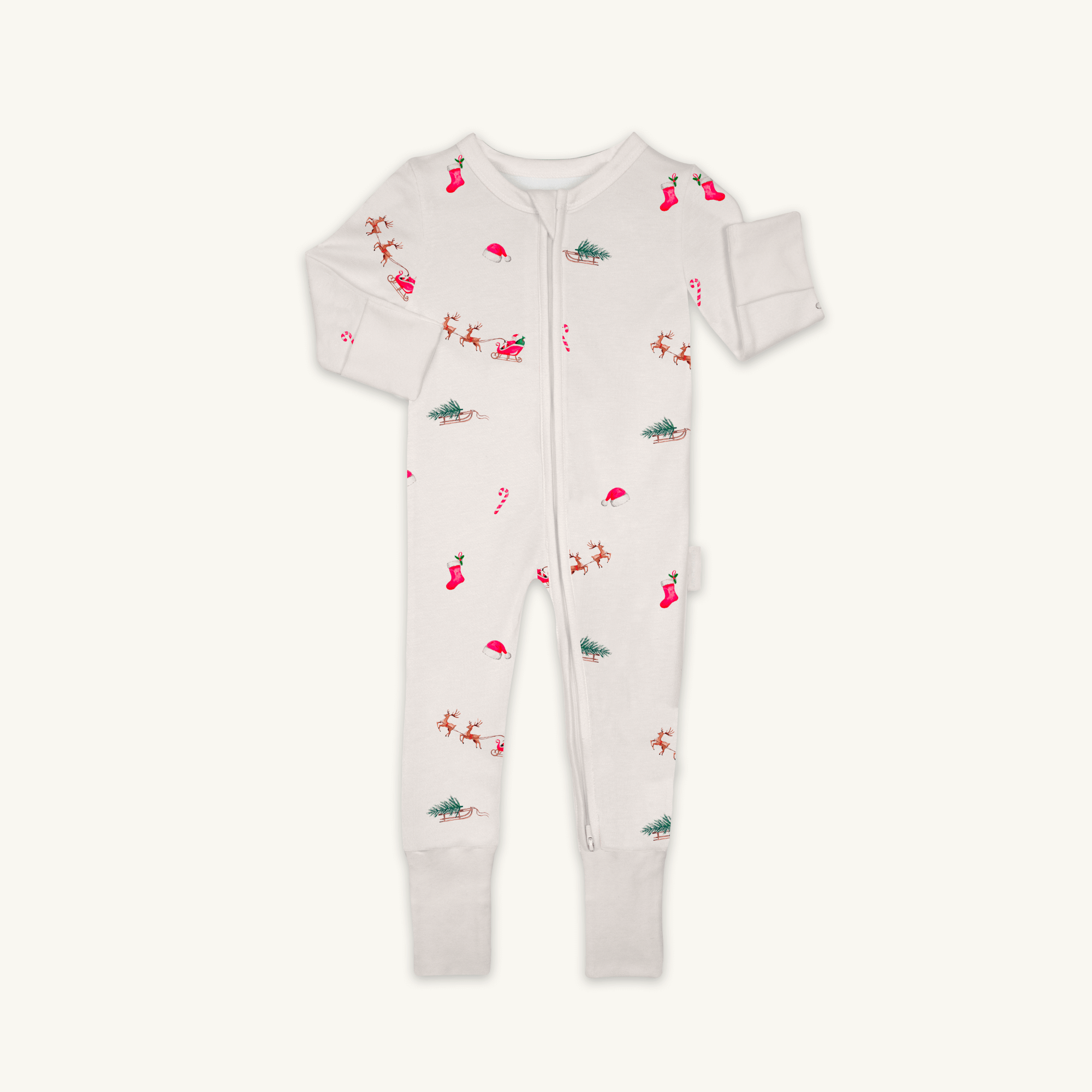 Christmas Eve Sleepsuit with Santa and reindeer print from GrowGrows on white background