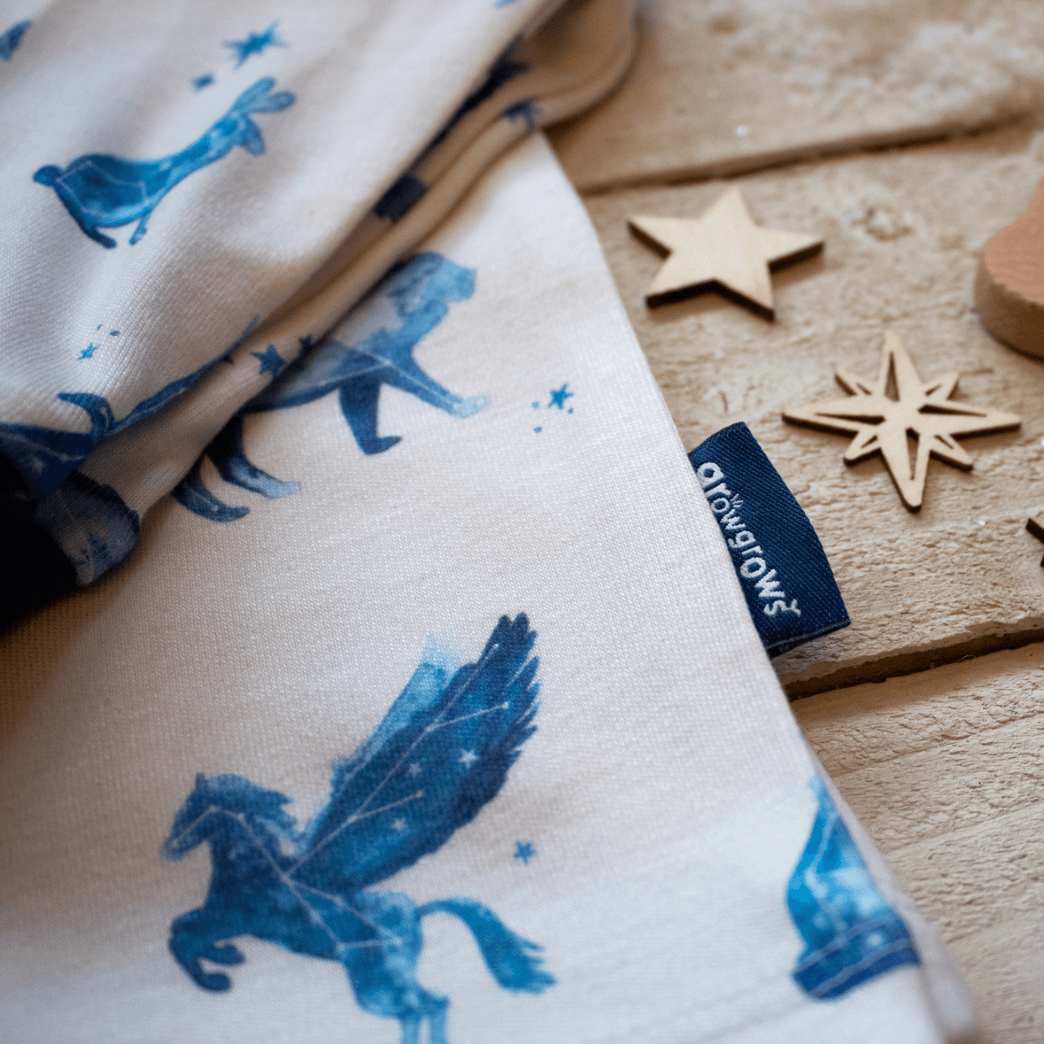 Close up on the fabric of the Cosmic Constellations Pyjamas with celestial star print made from bamboo and organic cotton from GrowGrows