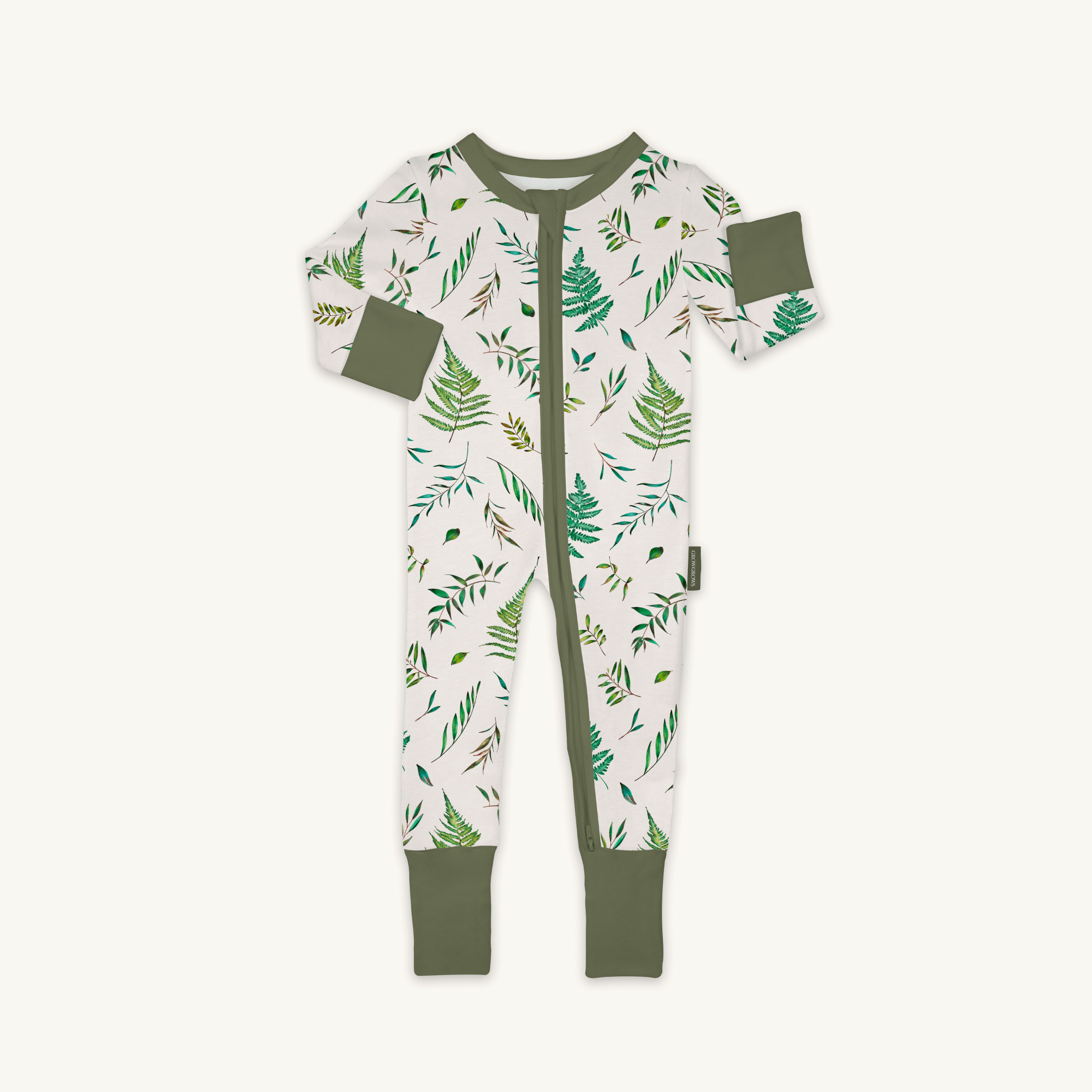 Country Leaf Sleepsuit with leaf print made from bamboo and organic cotton from GrowGrows on white background
