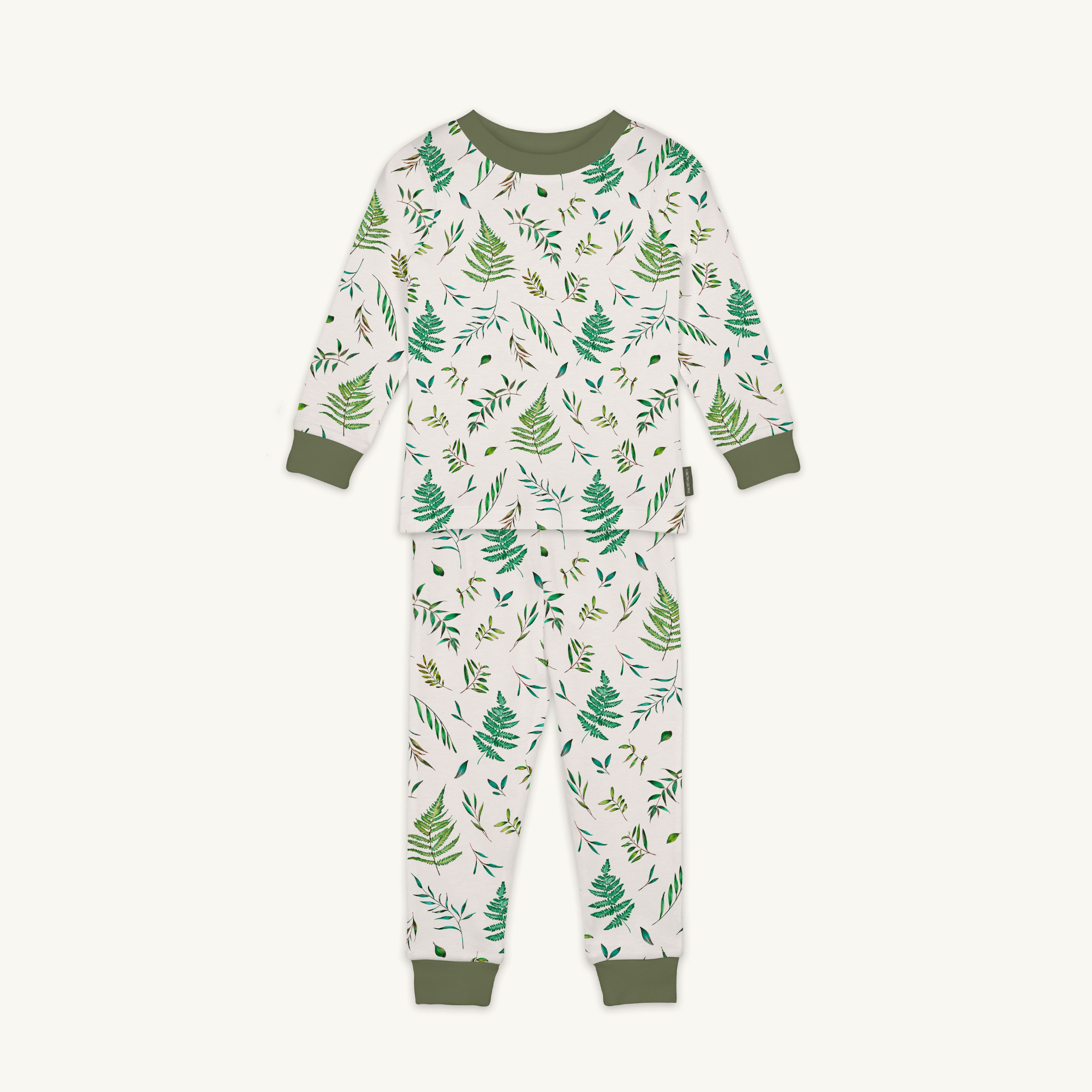 Country Leaf Pyjamas with green botanical leaf print on a white background made from bamboo and organic cotton from GrowGrows on white background