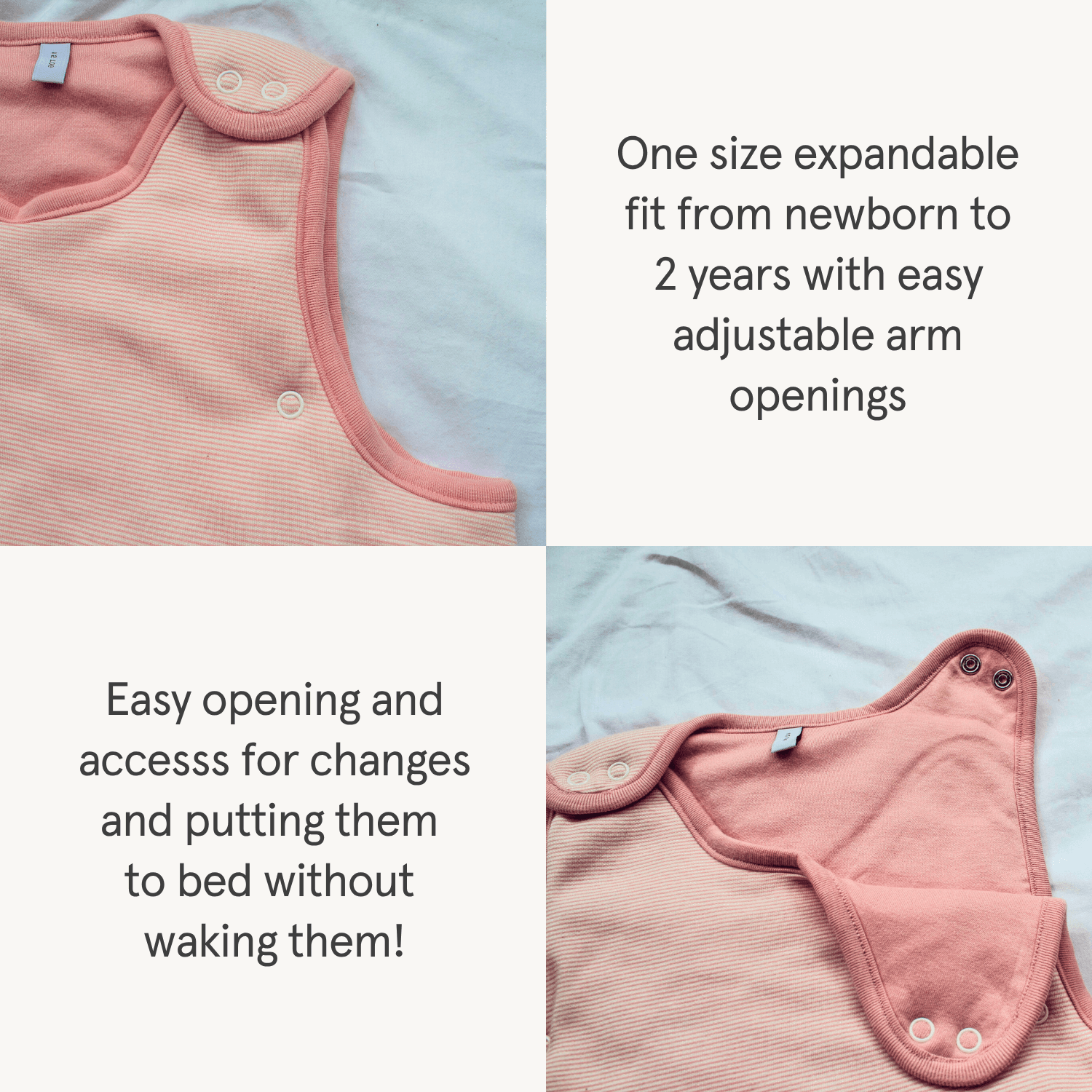 Pink pinstripe bamboo Smart baby sleeping bag 2.5 tog from GrowGrows with fit from 0-2 years and easy opening access changes