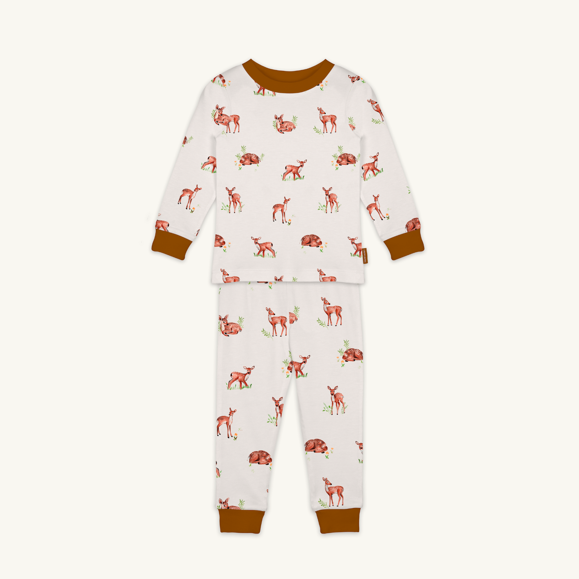 Fleeting Fawn Pyjamas with fawn print made from bamboo and organic cotton from GrowGrows on white background