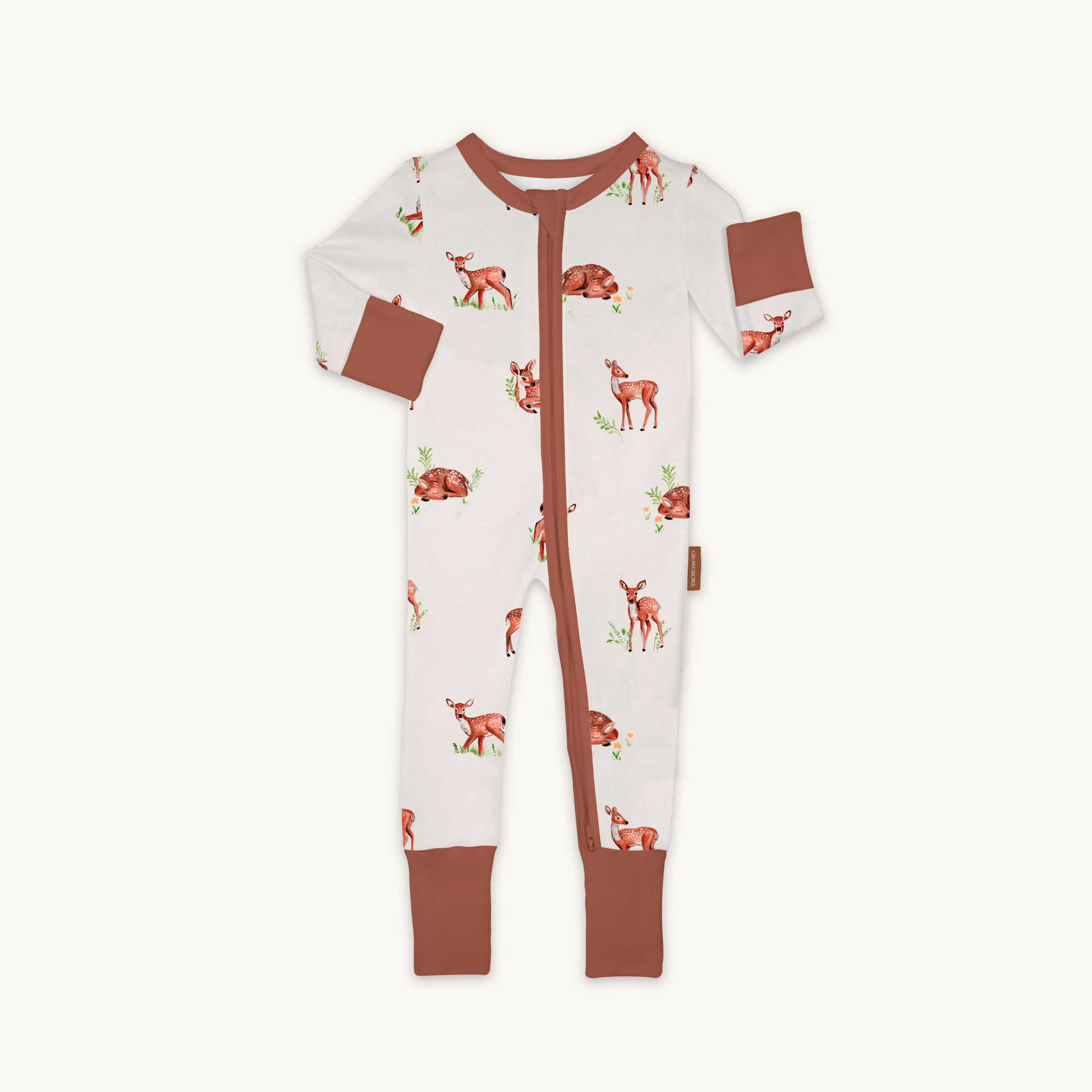 Fleeting Fawn Sleepsuit with fawn print made from bamboo and organic cotton from GrowGrows on white background