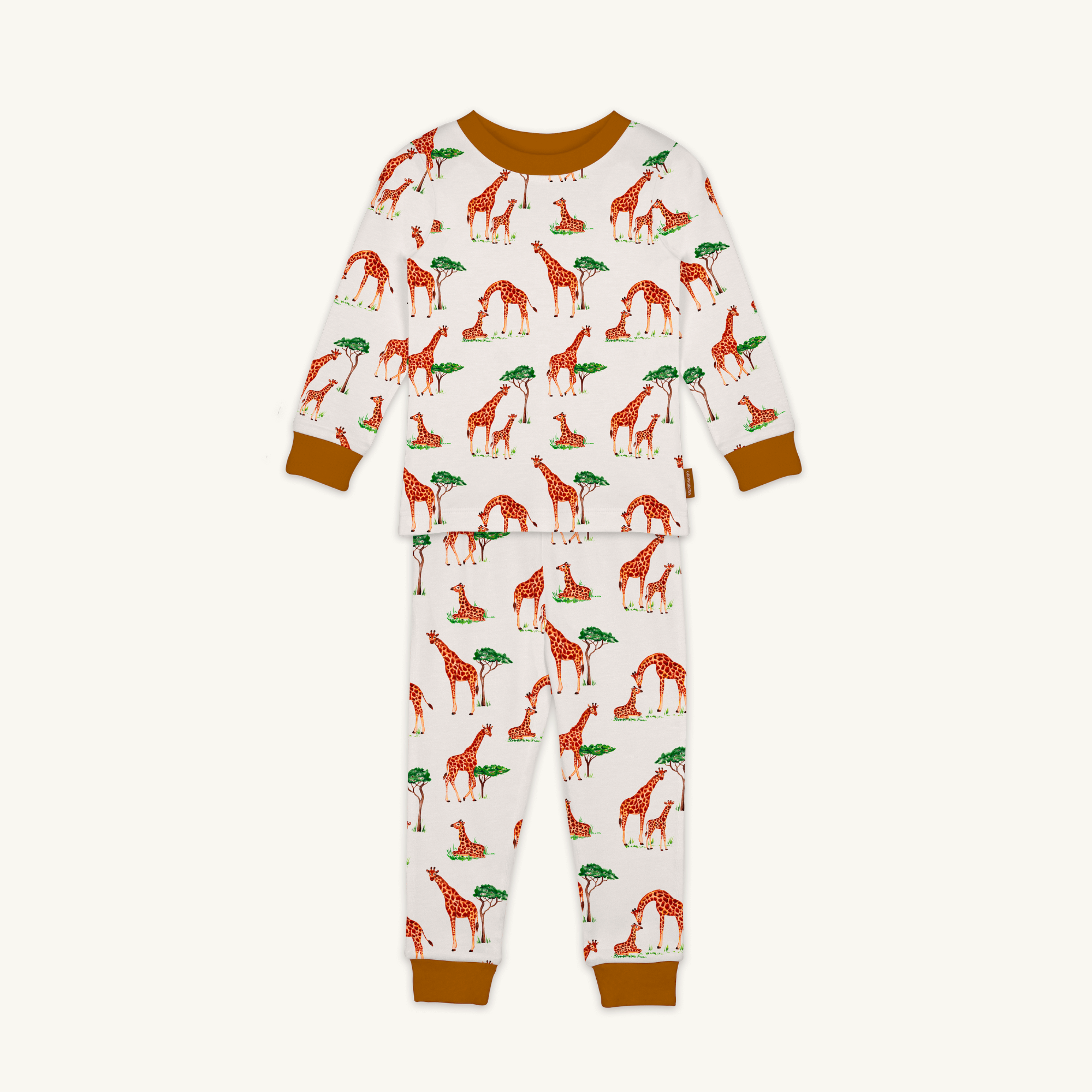Gentle Giraffes Pyjamas with giraffe print made from bamboo and organic cotton from GrowGrows on white background