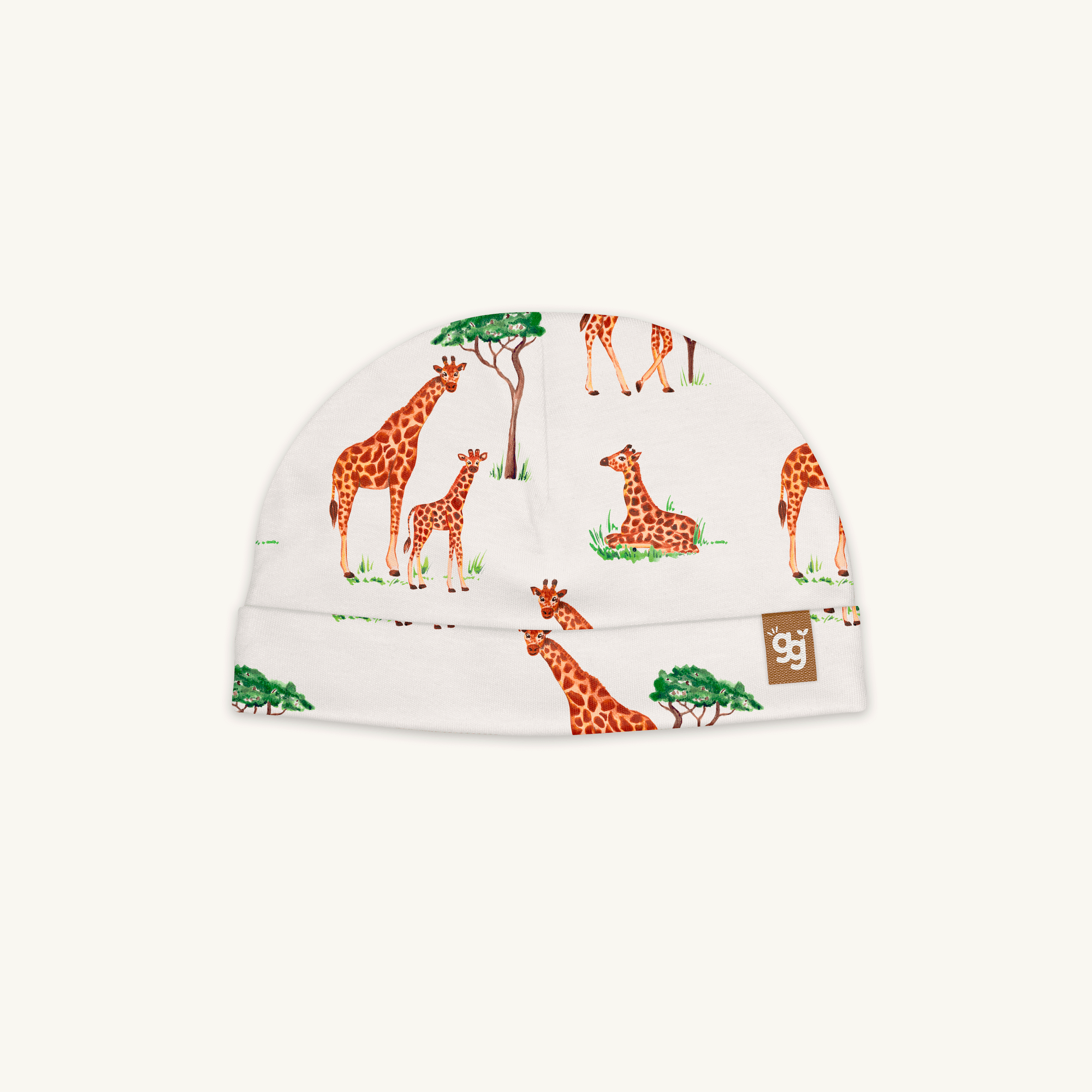Gentle Giraffes Hat with giraffe print made from bamboo and organic cotton from GrowGrows