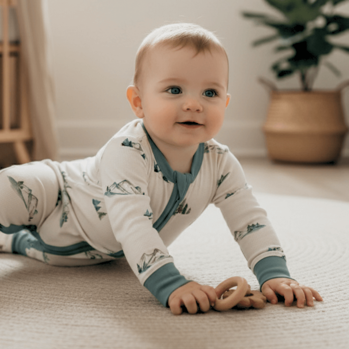 Baby lying on the floor of the nursery wearing Little Summit Sleepsuit with mountain print made from bamboo and organic cotton from GrowGrows