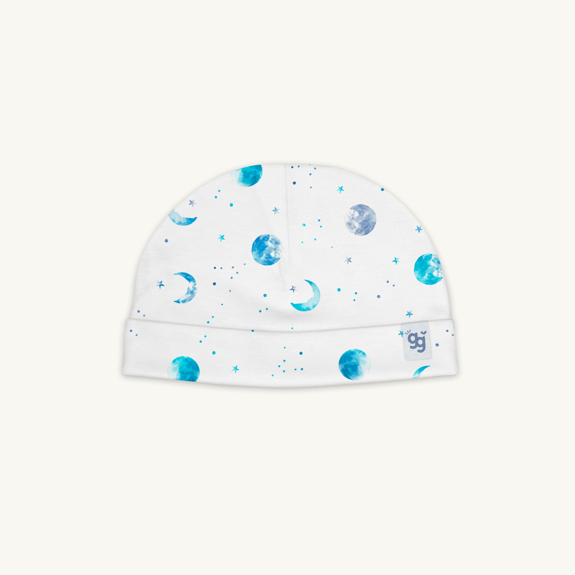Marvellous Moons Baby Hat with blue moon, planet and constellation print made from bamboo and organic cotton from GrowGrows