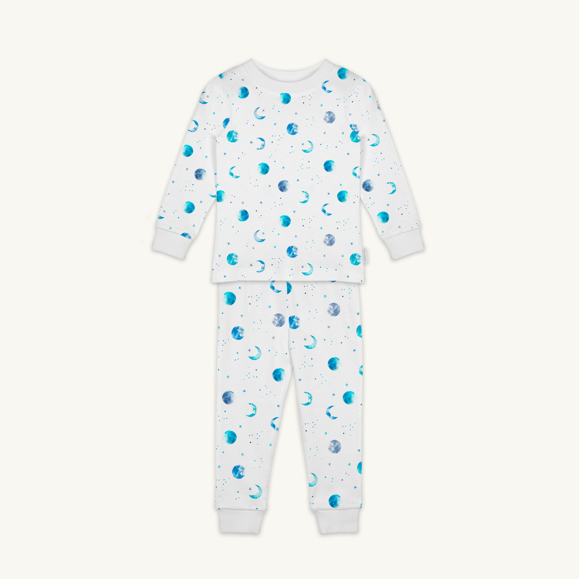 Marvellous Moons Pyjamas with blue moon, planet and constellation print made from bamboo and organic cotton from GrowGrows on white background