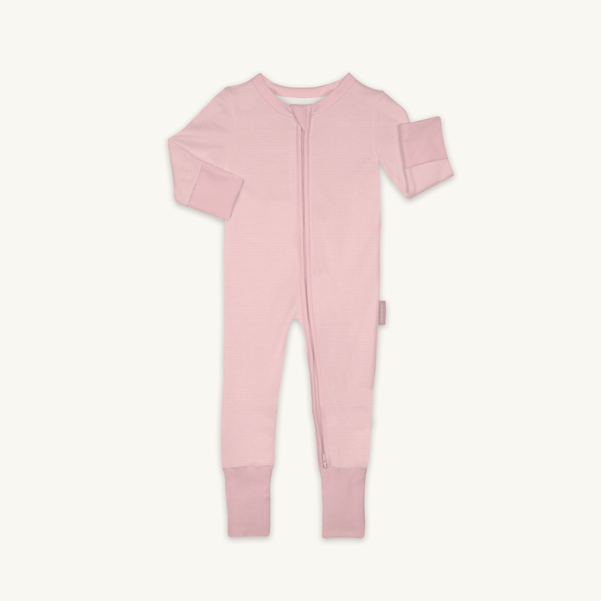 Pink Pinstripe Sleepsuit with classic pink stripe design made from bamboo and organic cotton from GrowGrows on white background