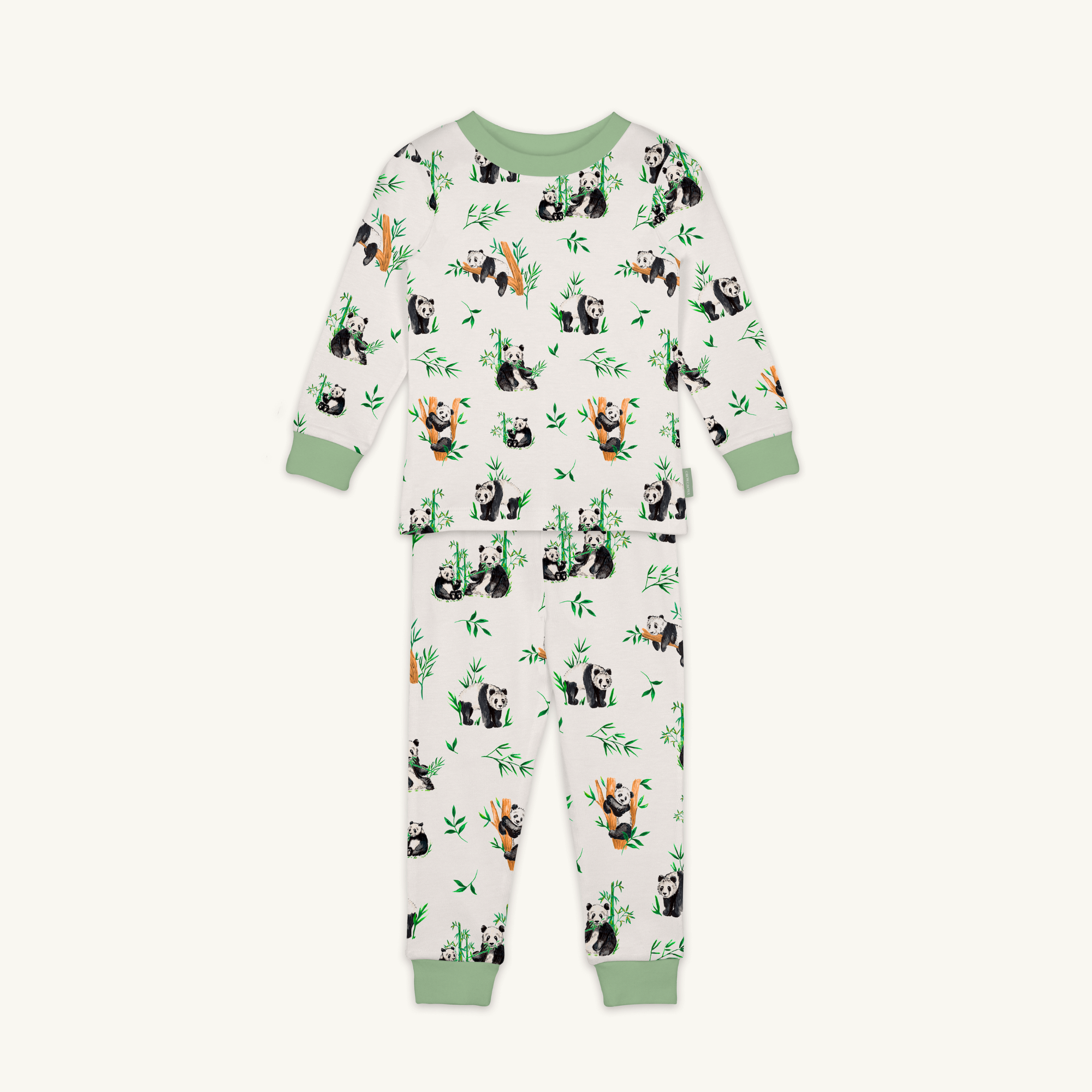 Playful Pandas Pyjamas with panda and bamboo print and sage green trim made from bamboo and organic cotton from GrowGrows on white background