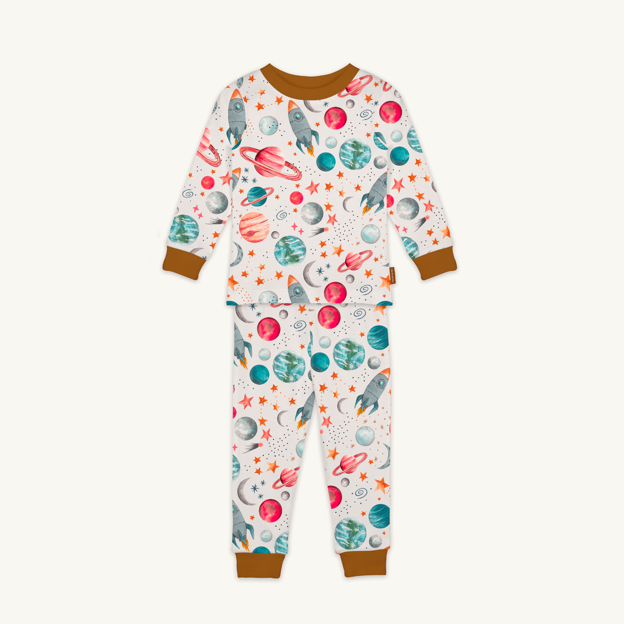 Plentiful Planets Pyjamas with planet and space print made from bamboo and organic cotton from GrowGrows on white background