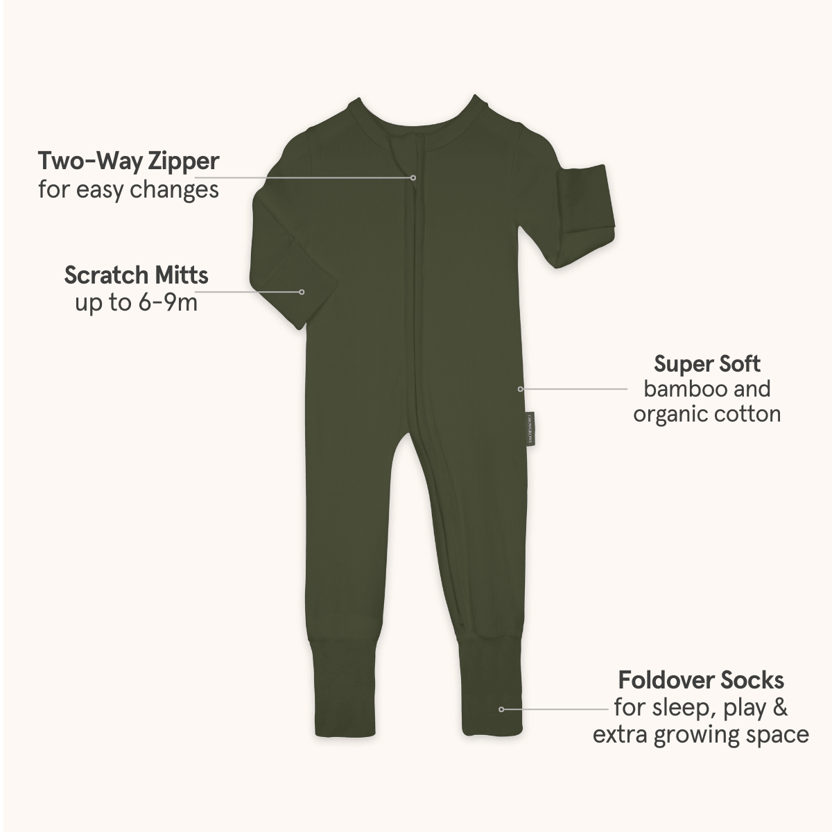 GrowGrows Forest Ribbed Sleepsuit with two-way zipper, scratch mitts, foldover socks and super soft bamboo & cotton