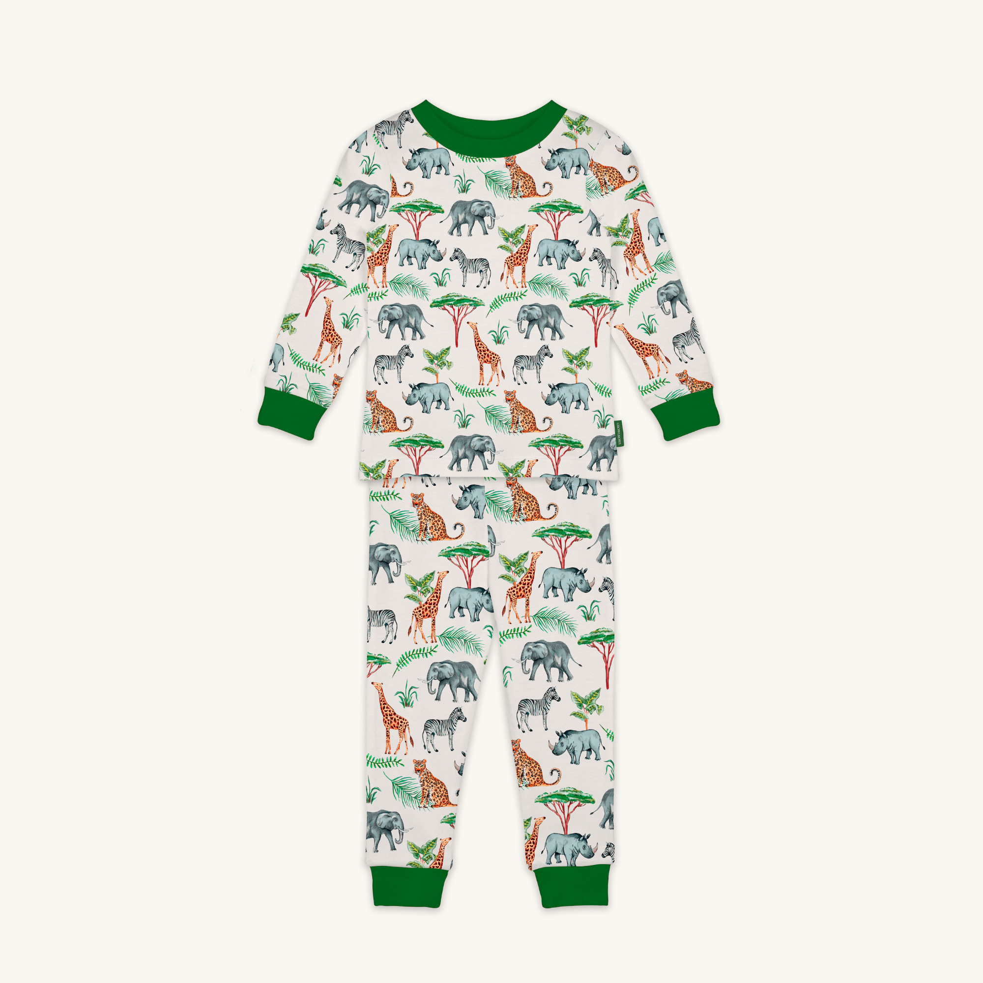 Safari Slumber Pyjamas with safari animal print made from bamboo and organic cotton from GrowGrows on white background