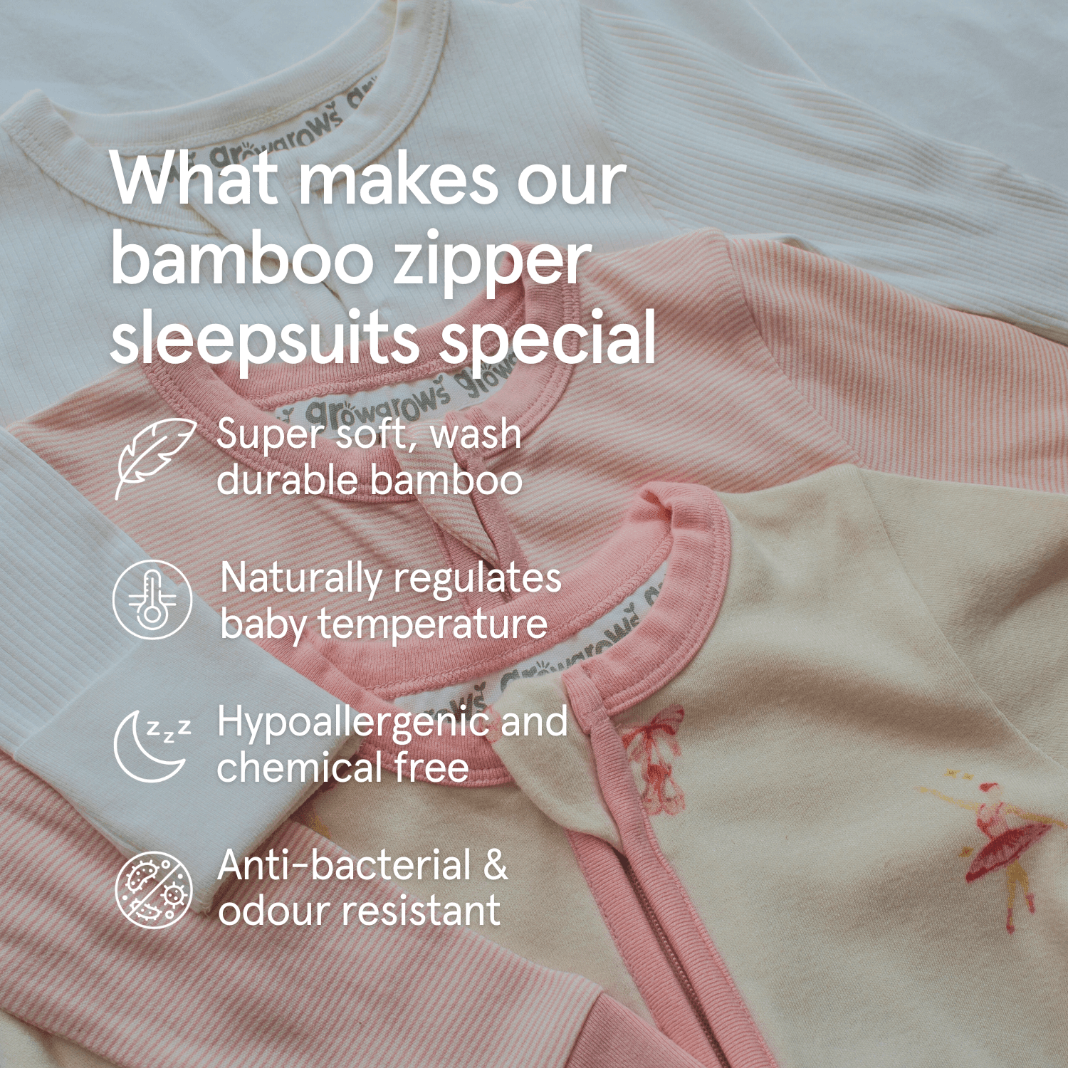 Bundle of pink GrowGrows Sleepsuits with overlay text describing what makes them so special