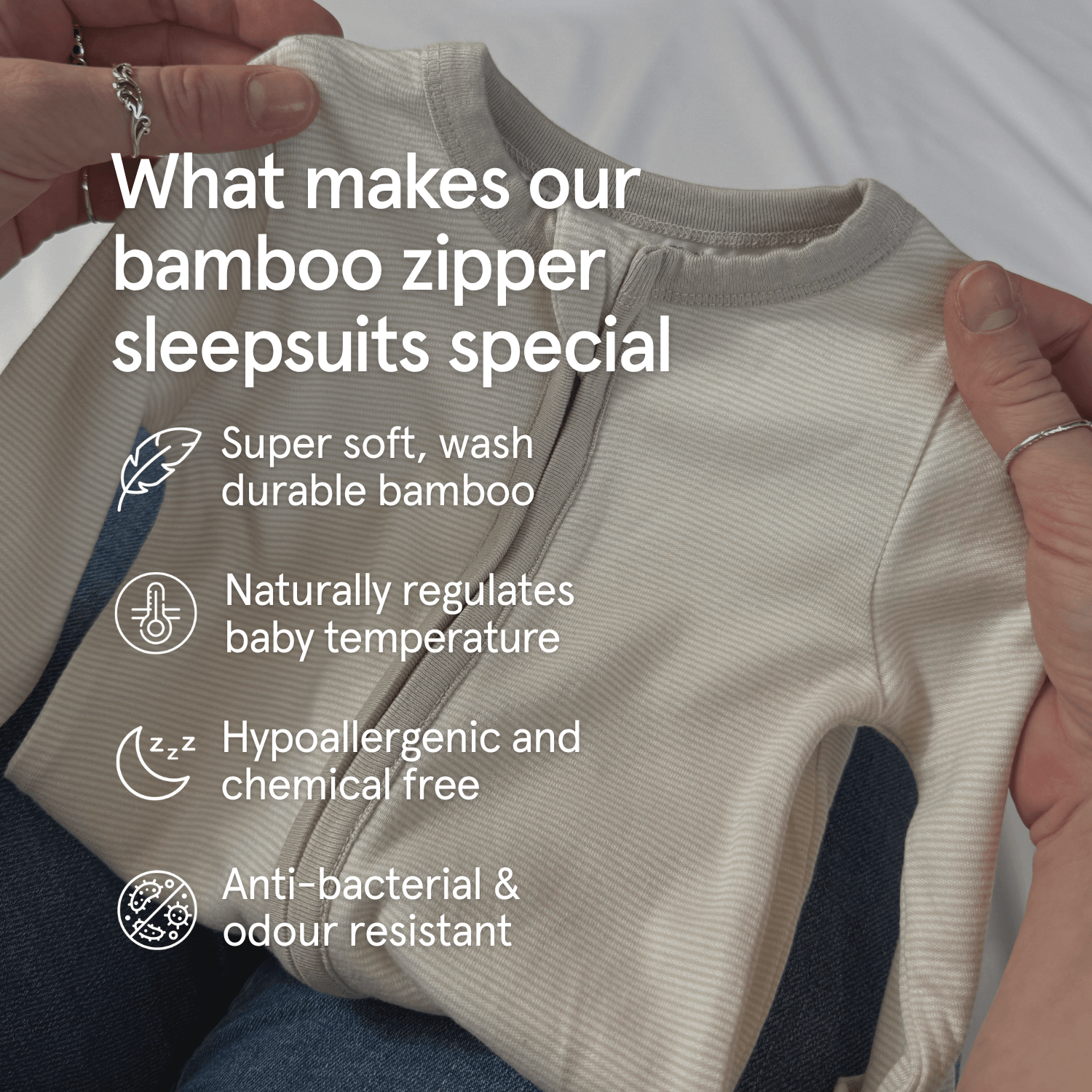 Super Soft, Easy Care Bambooo, temperature regulating, hypoallering and antibacterial are the key features of the GrowGrows ribbed baby sleepsuit