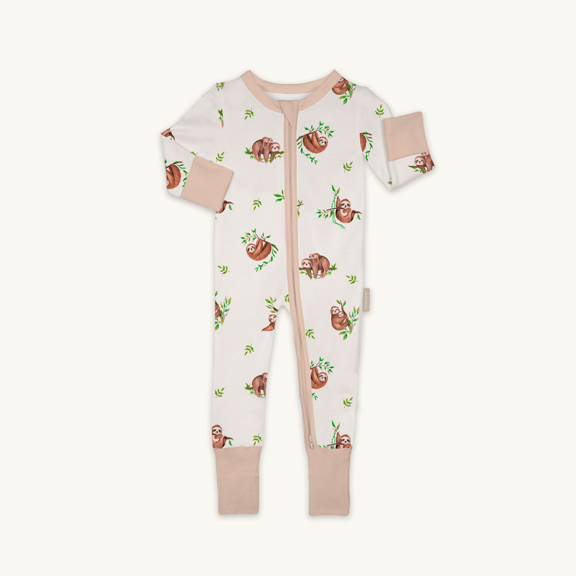 Sleepy Sloth Sleepsuit with sloth print made from bamboo and organic cotton from GrowGrows on white background
