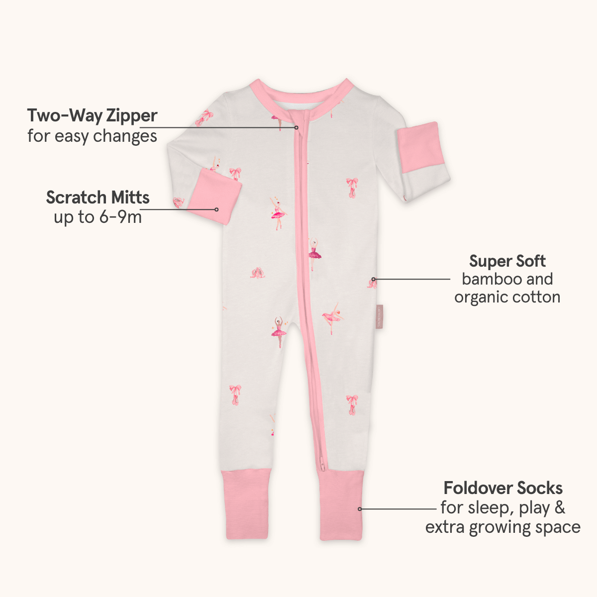 Tiny Twirls Sleepsuit with ballerina print made from bamboo and organic cotton from GrowGrows with key features highlighted