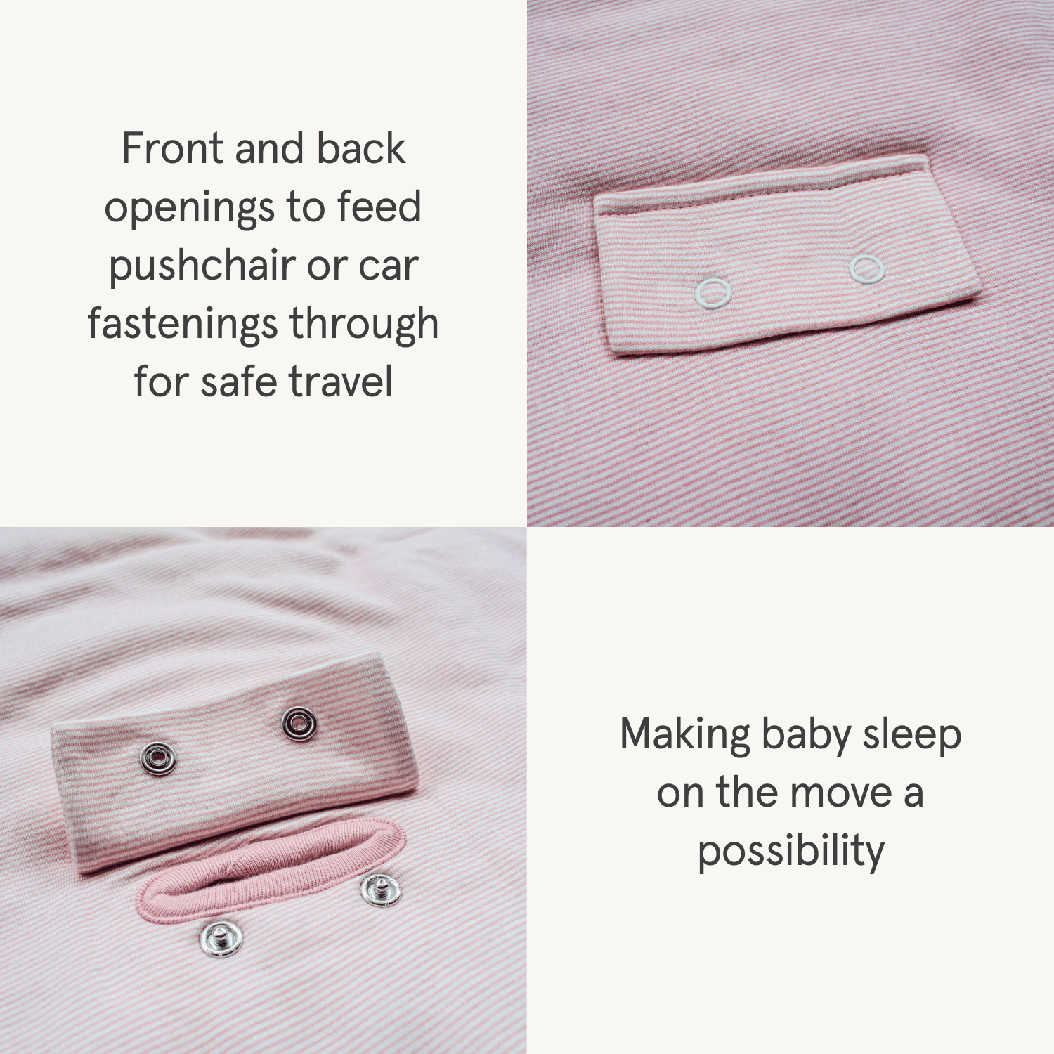 Close ups on the key features of the Pink pinstripe bamboo Smart baby sleeping bag 2.5 tog from GrowGrows