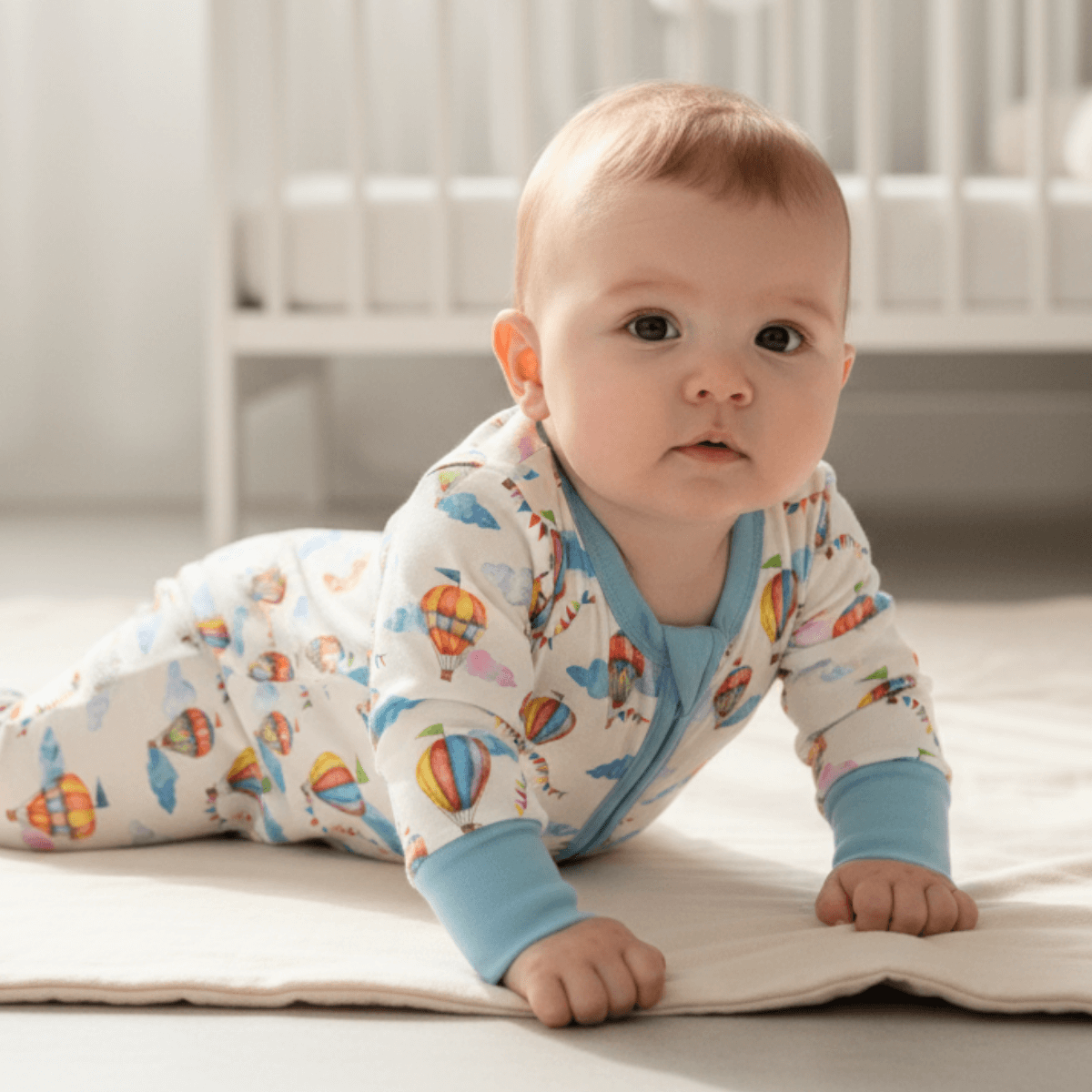 Baby crawling on the floor of the nursery wearing the Up, Up & Away Sleepsuit with hot air balloon and cloud print made from bamboo and organic cotton from GrowGrows