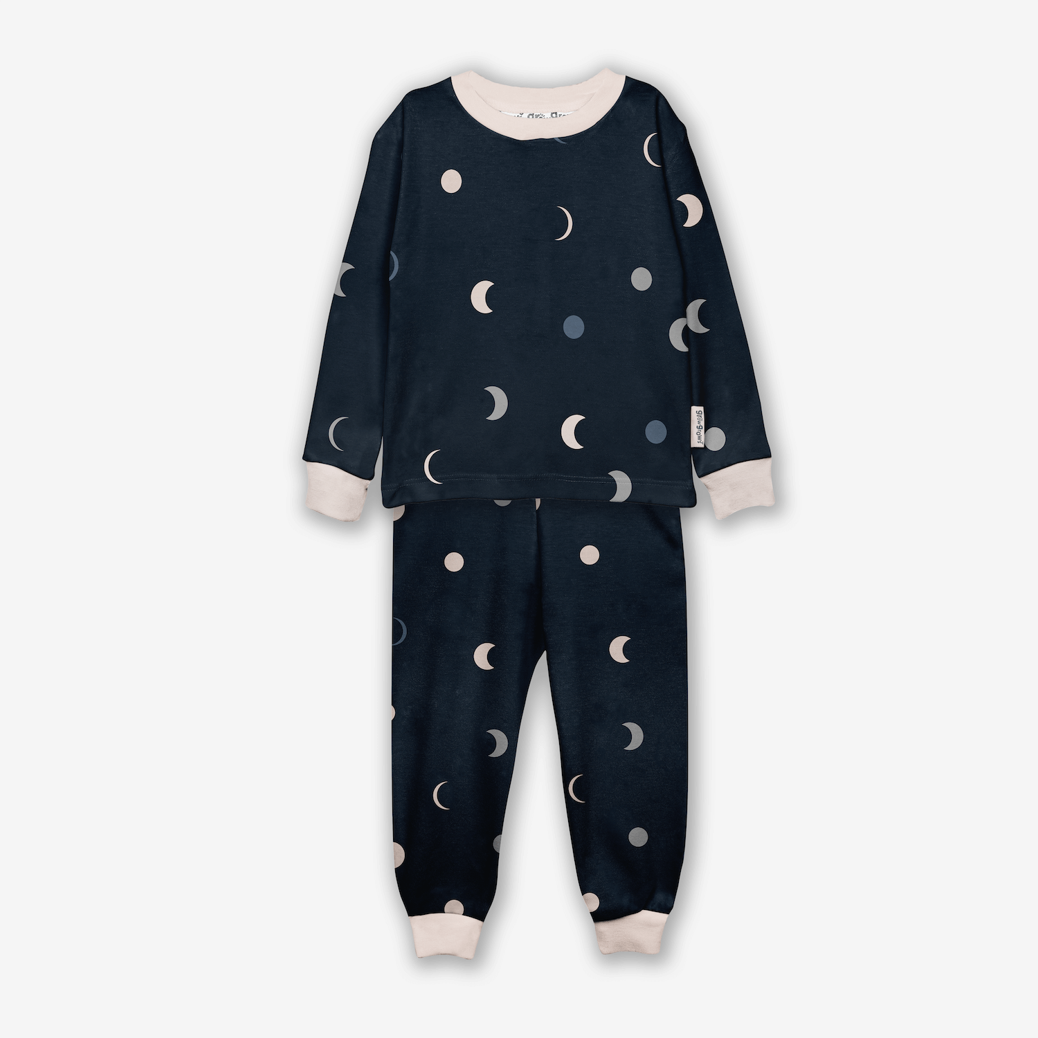 Midnight Moons Pyjamas with navy moon phase print made from bamboo and organic cotton from GrowGrows on white background