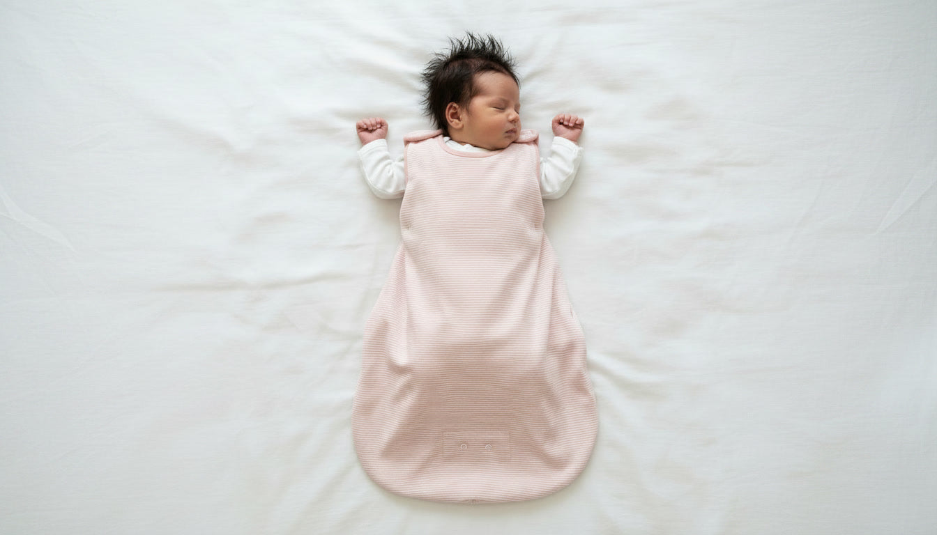 Baby lying on a white sheet wearing the Pink Pinstripe Smart Sleeping Bag from GrowGrows