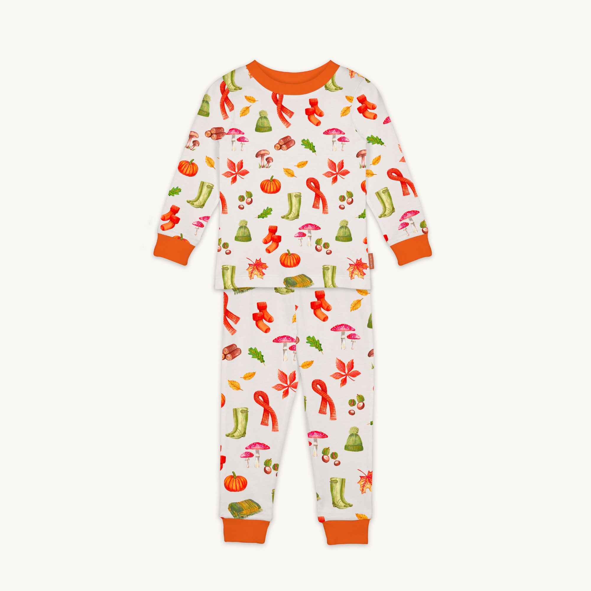 Autumnal Amazes Pyjamas with pumpkin and autumn print made from bamboo and organic cotton from GrowGrows on white background
