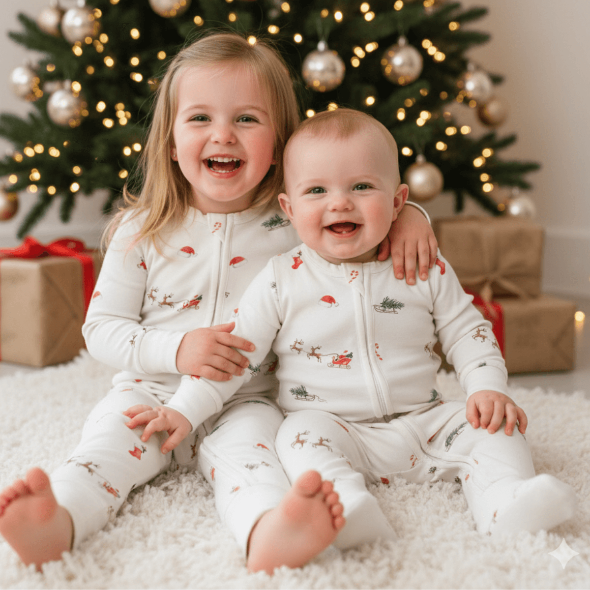Two children in matching Christmas Eve Sleepsuit with Santa and reindeer print from GrowGrows sitting on a carpeted floor with a decorated Christmas tree in the background.