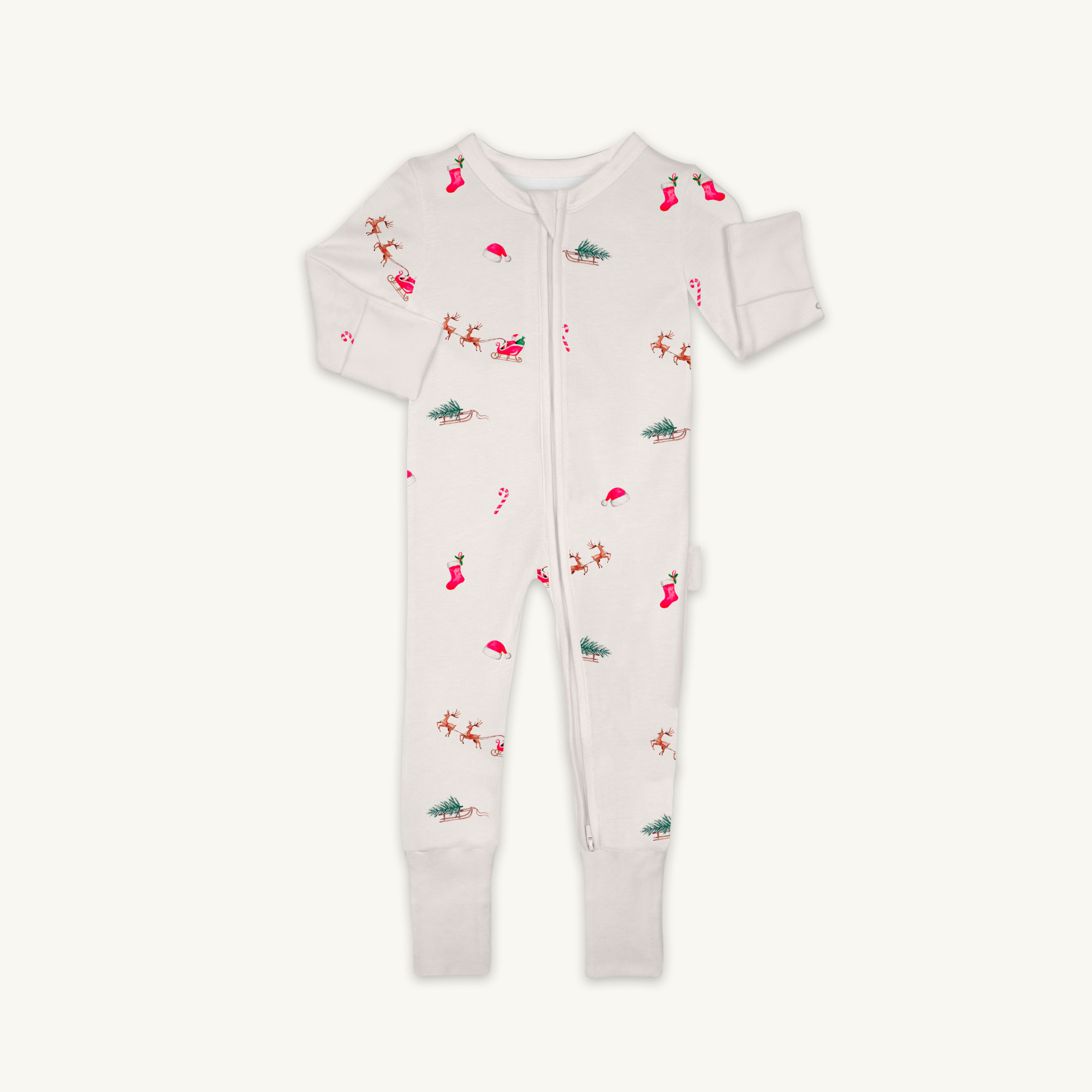 Christmas Eve Sleepsuit with Santa and reindeer print from GrowGrows on white background