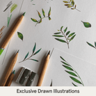 Close up of the exclusive hand drawn illustration of the Country Leaf Sleepsuit with leaf print made from bamboo and organic cotton from GrowGrows