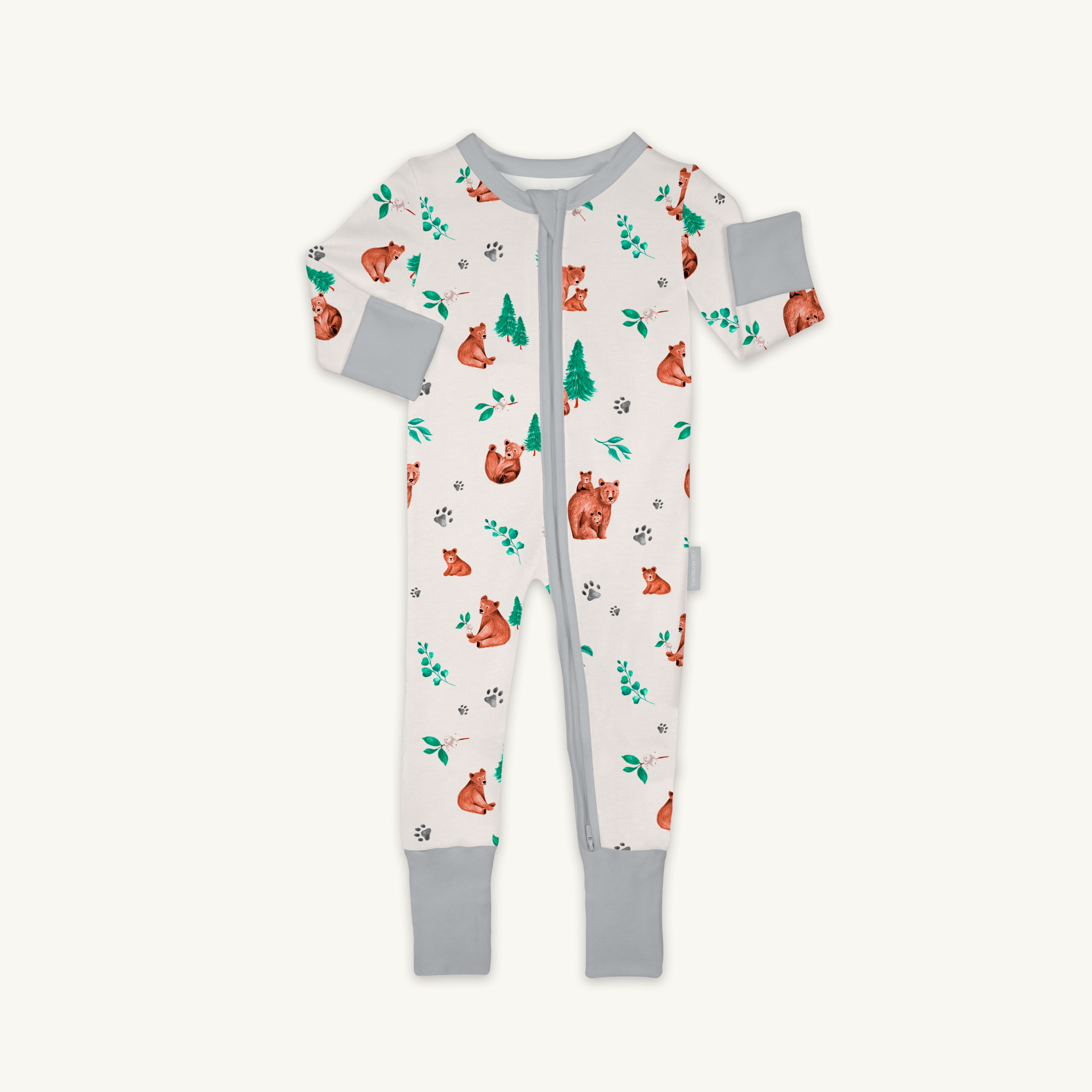 Cozy Cubs Sleepsuit with mama and cub bear print made from bamboo and organic cotton from GrowGrows on white background