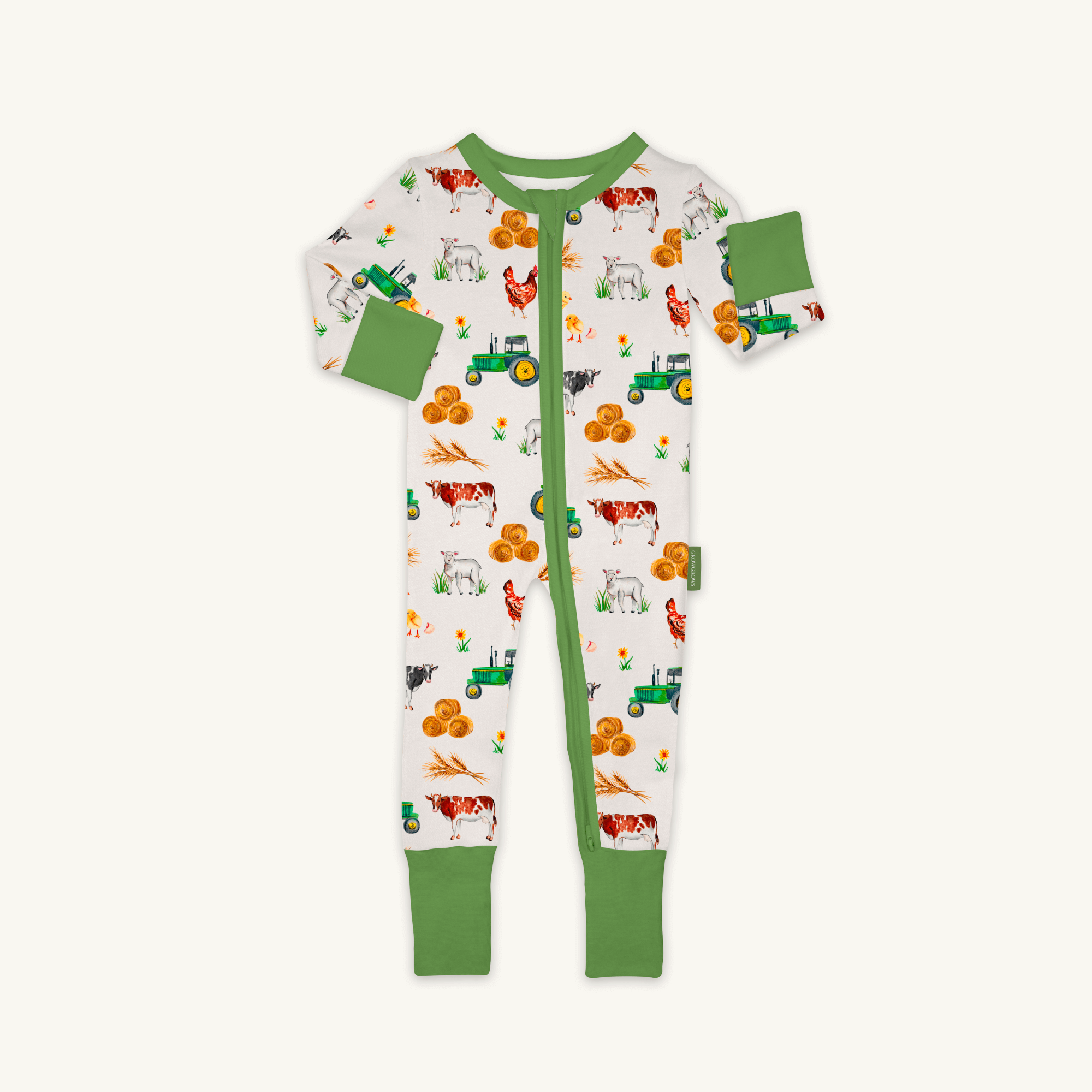 Family Farm Sleepsuit with farm print made from bamboo and organic cotton from GrowGrows