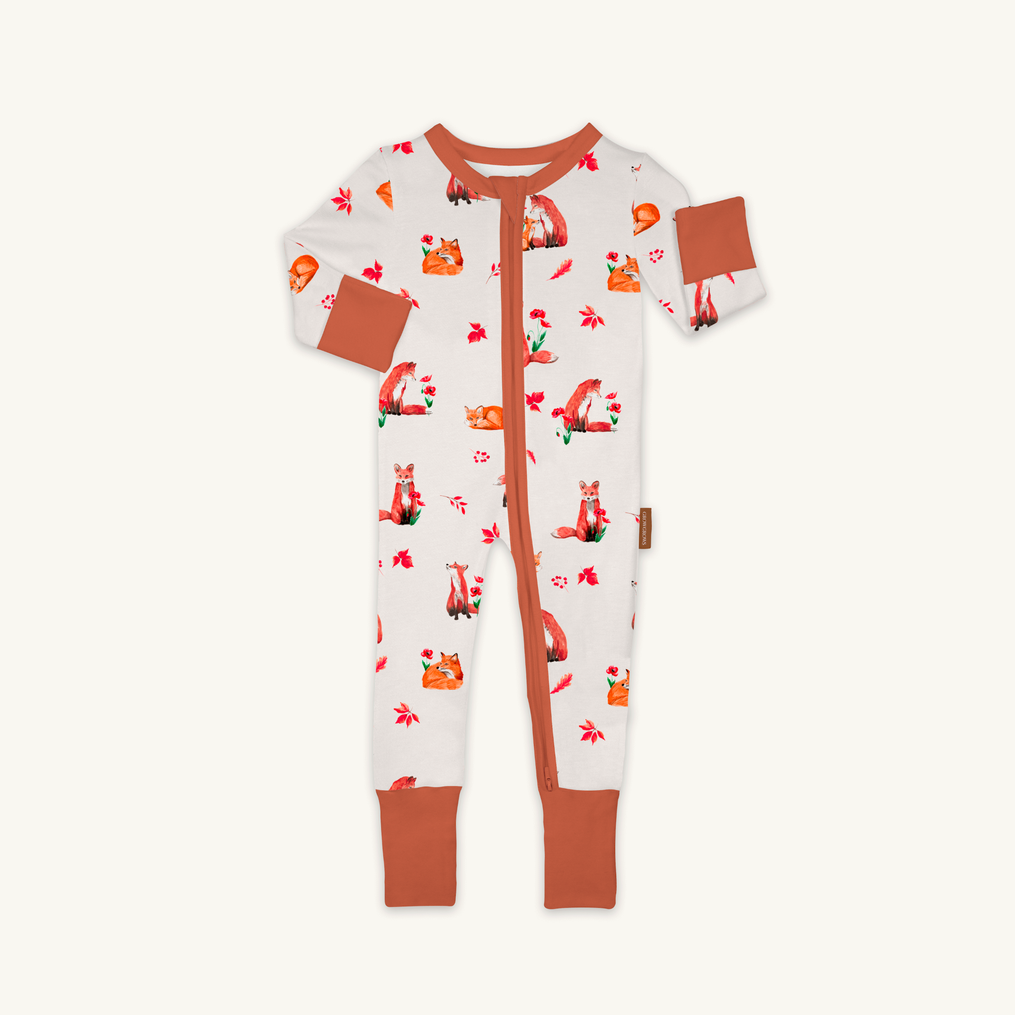 Fluffy Foxes Sleepsuit with fox family print made from bamboo and organic cotton from GrowGrows