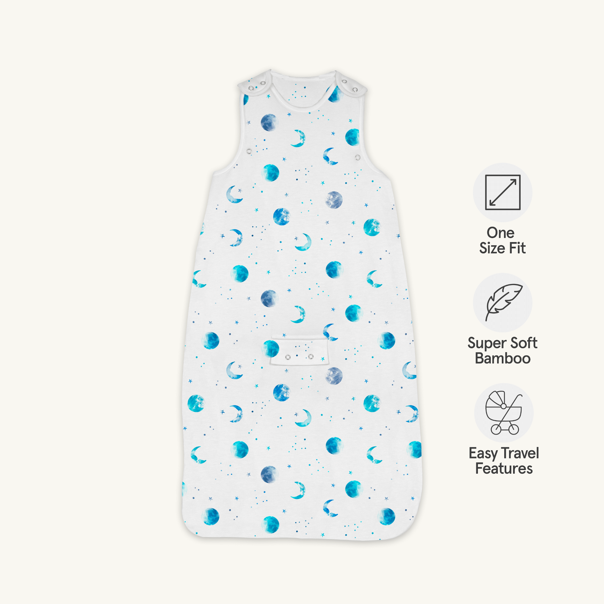Marvellous Moons Smart Sleeping Bag 2.5 Tog with blue moon, planet and constellation print made from bamboo and organic cotton from GrowGrows on white background