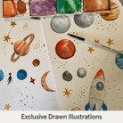 Hand drawn watercolour illustrations of planets, a rocket, and stars on paper with a paint palette and pen from the Plentiful Planets Pyjamas with planet and space print made from bamboo and organic cotton from GrowGrows
