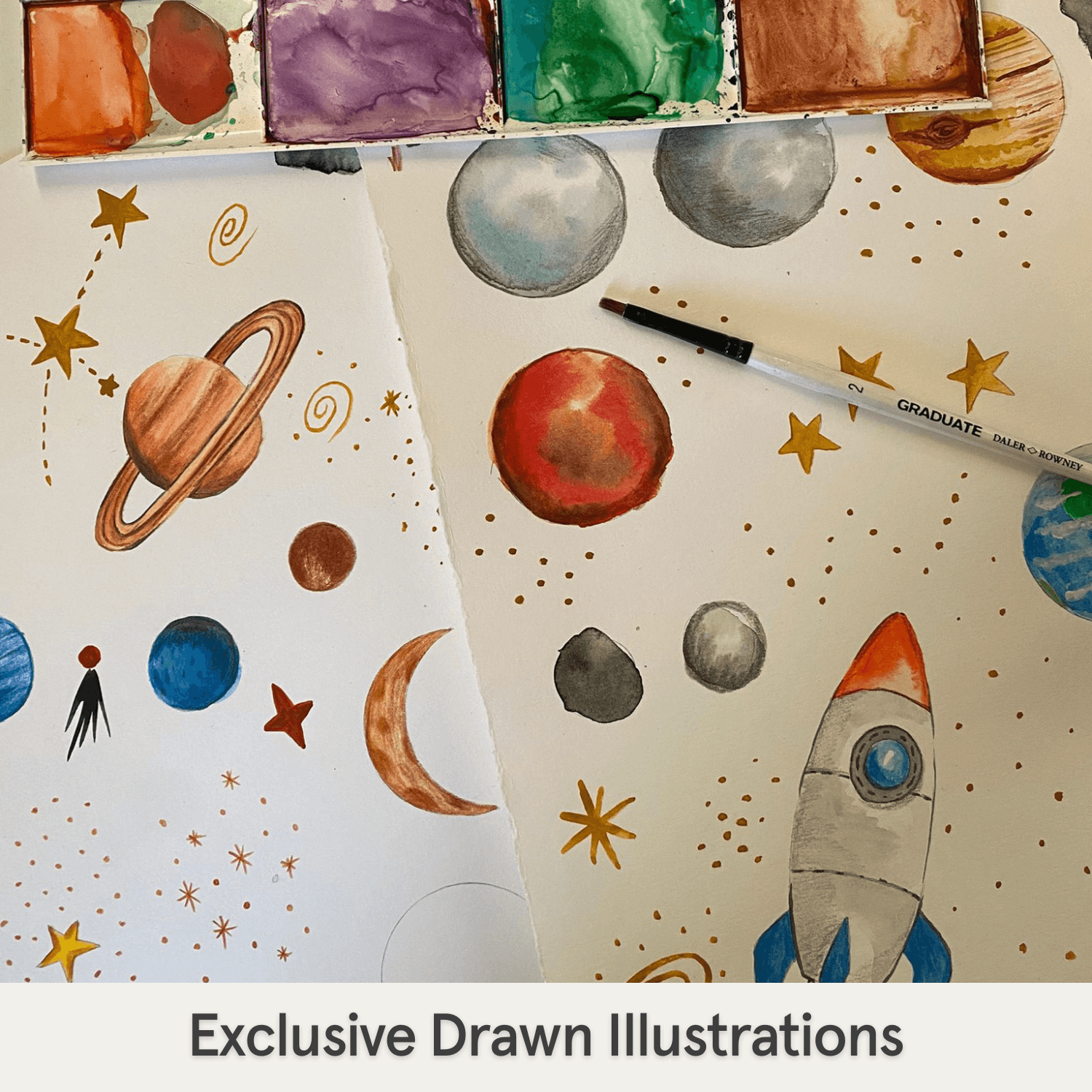 Hand drawn watercolour illustrations of planets, a rocket, and stars on paper with a paint palette and pen from the Plentiful Planets Pyjamas with planet and space print made from bamboo and organic cotton from GrowGrows