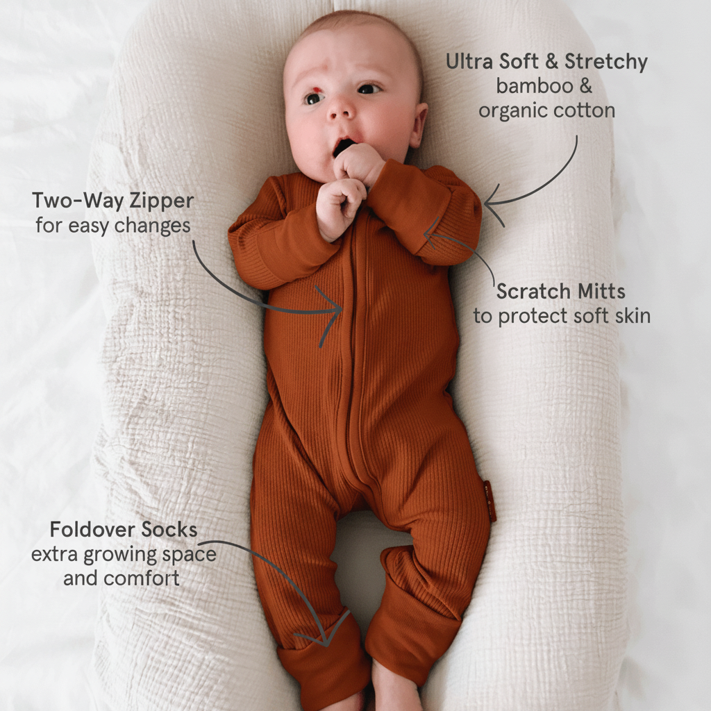 Baby wearing the Sage Ribbed Sleepsuit made from bamboo and organic cotton from GrowGrows with key features highlighted