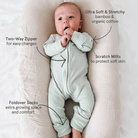 Baby wearing the Sage Ribbed Sleepsuit made from bamboo and organic cotton from GrowGrows with key features highlighted