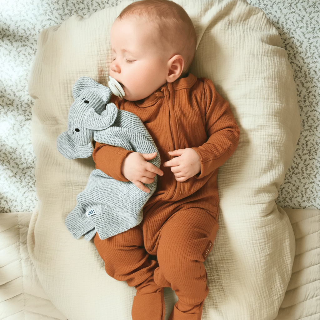 Baby asleep wearing the Sage Ribbed Sleepsuit made from bamboo and organic cotton from GrowGrows and holding the GrowGrows Elephant Comforter