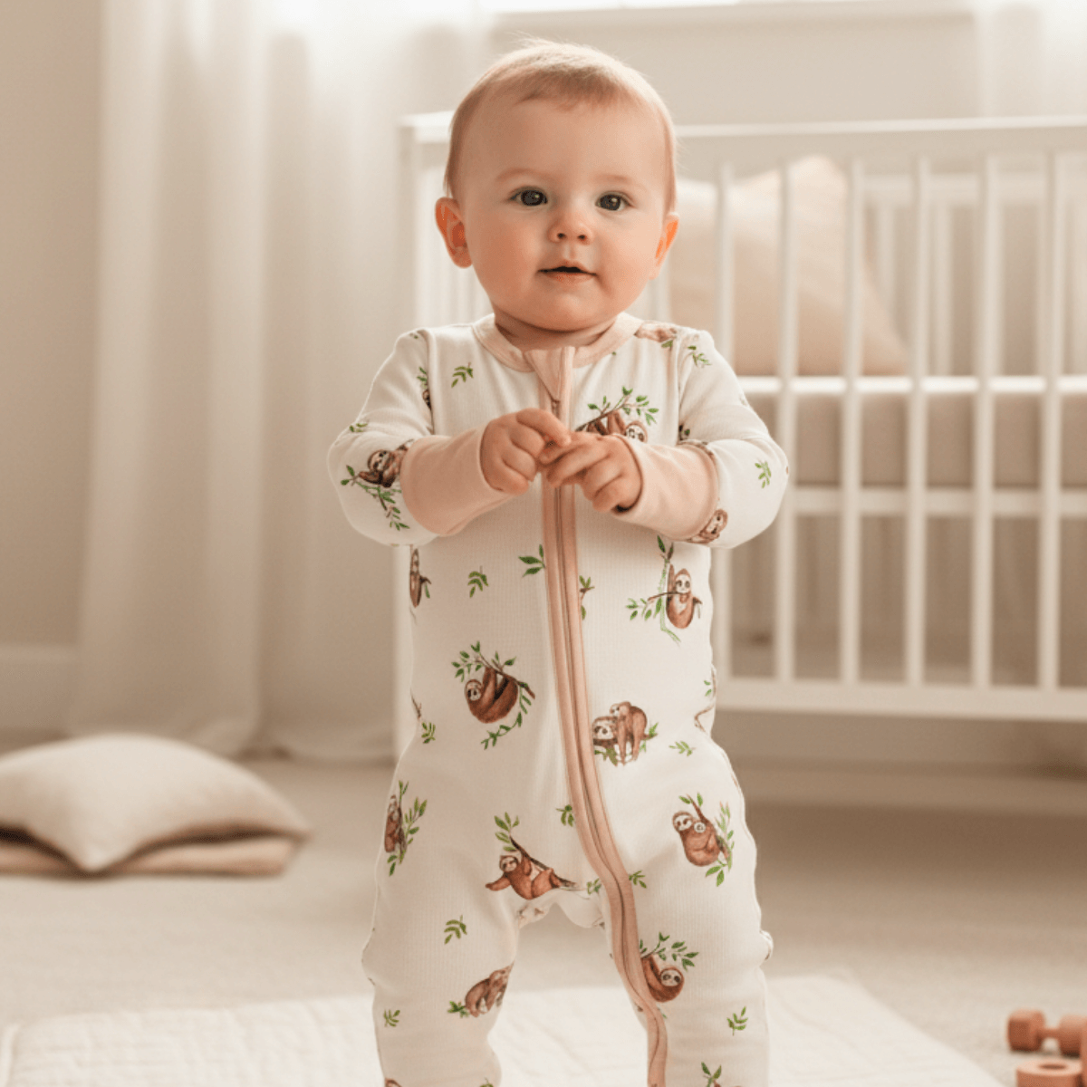 Baby standing in a nursery wearing the Sleepy Sloth Sleepsuit with sloth print made from bamboo and organic cotton from GrowGrows
