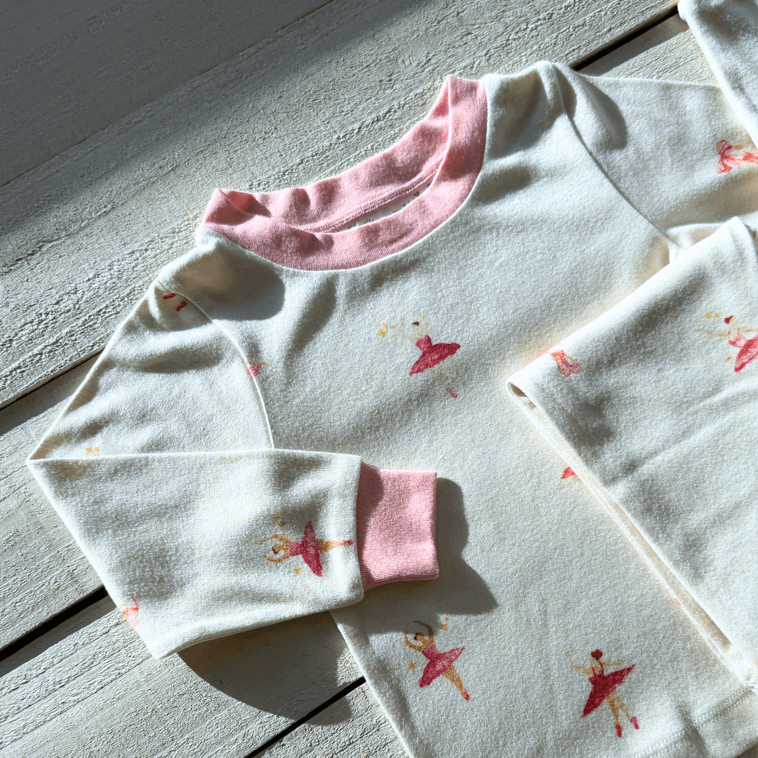 Tiny Twirls Pyjamas with ballerina print made from bamboo and organic cotton from GrowGrows close up on print