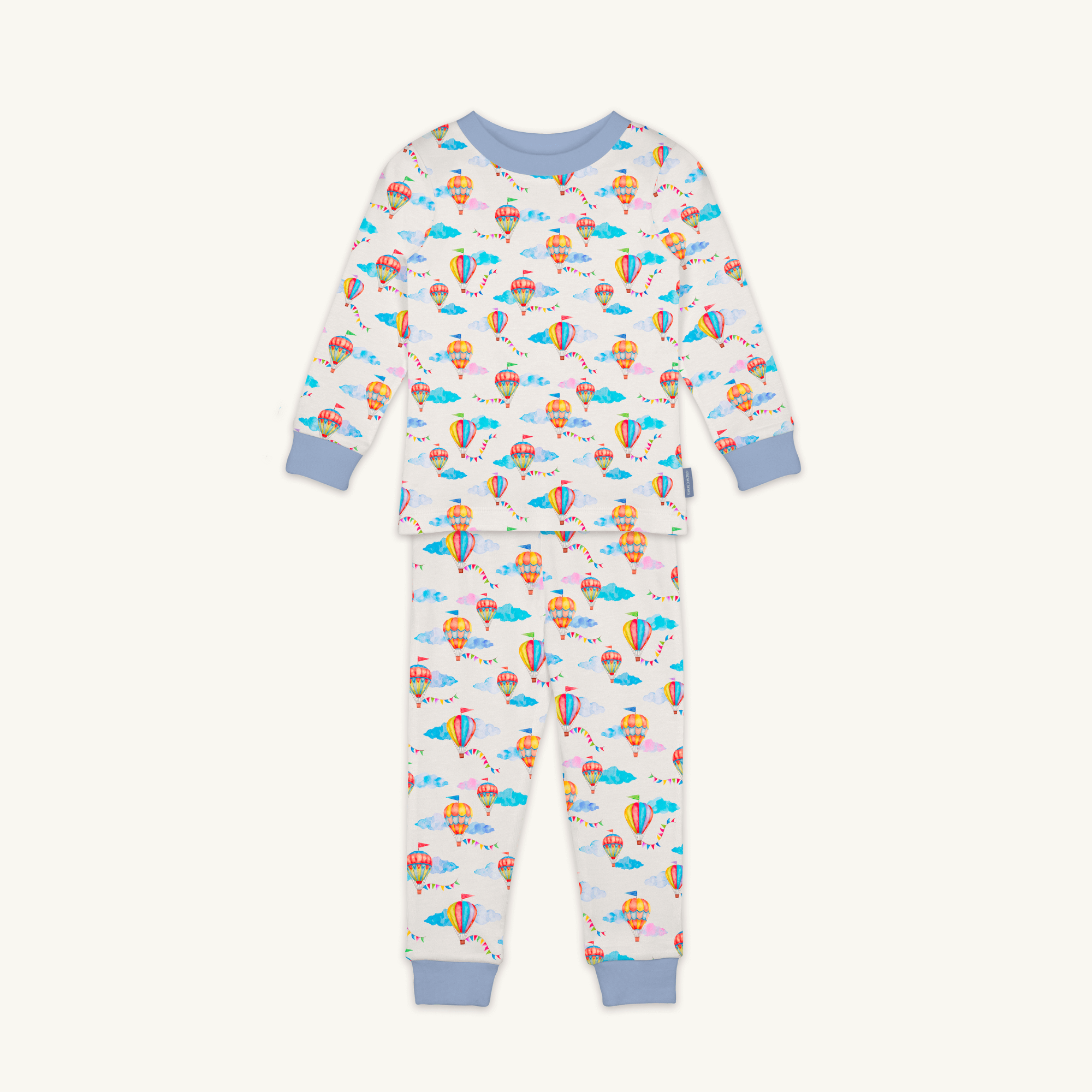 Up, Up & Away Pyjamas with hot air balloon print made from bamboo and organic cotton from GrowGrows on white background