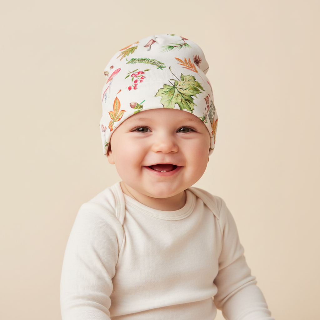 Woodland Walks Baby Hat with woodland forest print made from bamboo and organic cotton from GrowGrows